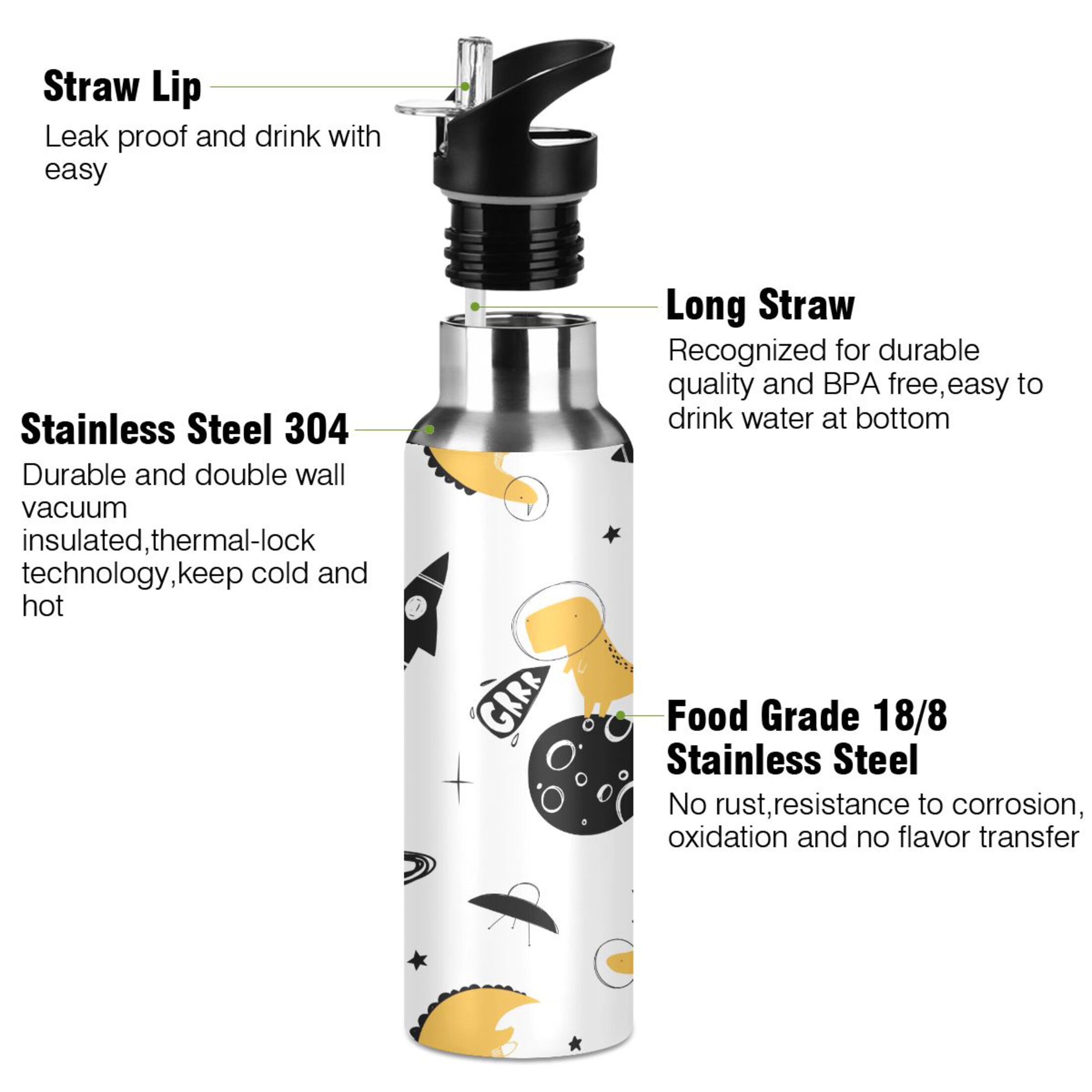 Water Bottle with Straw Lid Leak Dinosaur Planet Rocket Childish Stainless Steel Insulated Thermos Vacuum Flask for Cold Hot Drinking for Sports Camping Gym Yoga