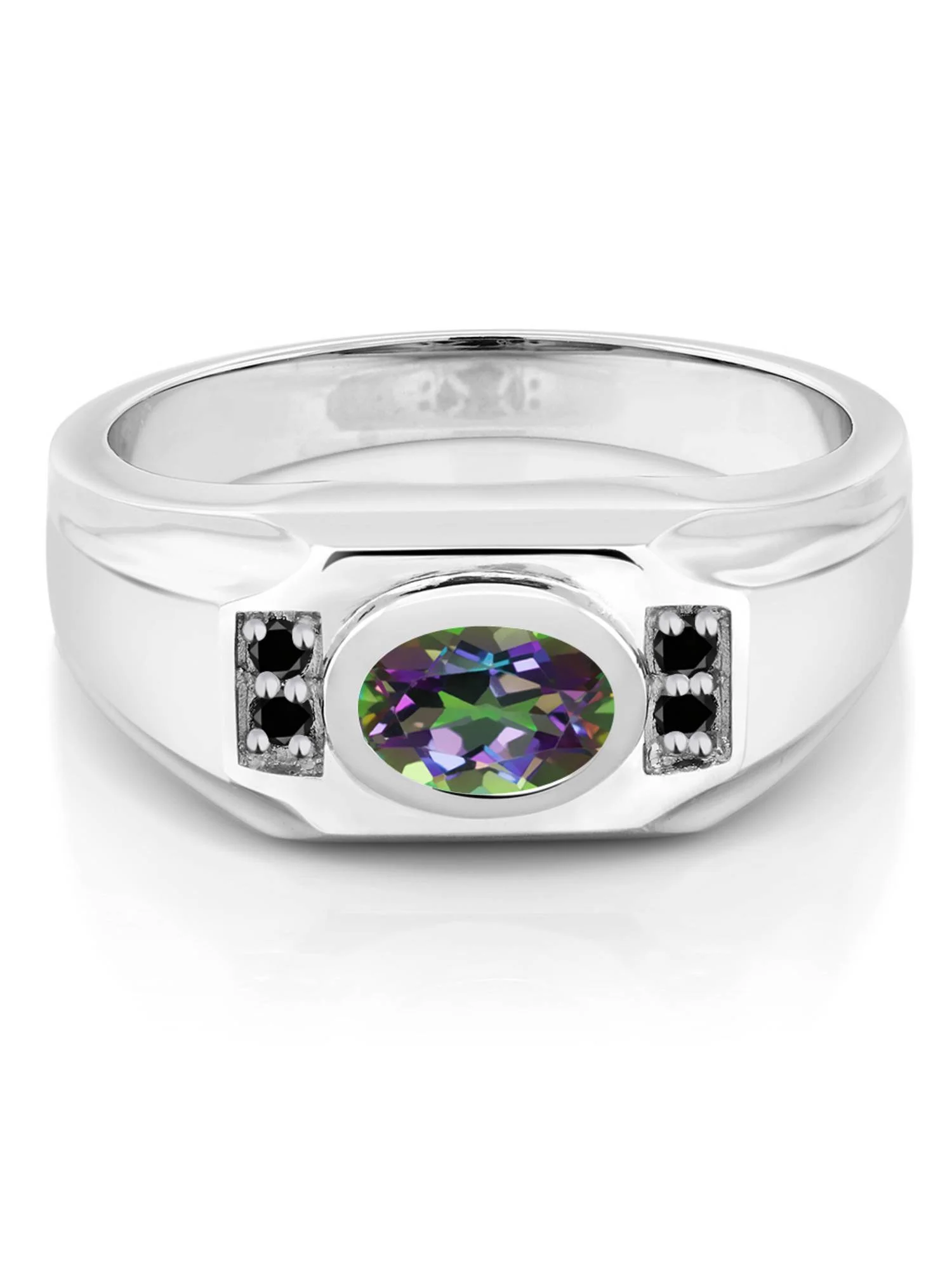 Gem Stone King Men's 925 Sterling Silver Green Mystic Topaz and Black Diamond Ring (1.73 Cttw, Gemstone Birthstone, Oval 8X6MM, Available In Size 7, 8, 9, 10, 11, 12, 13)