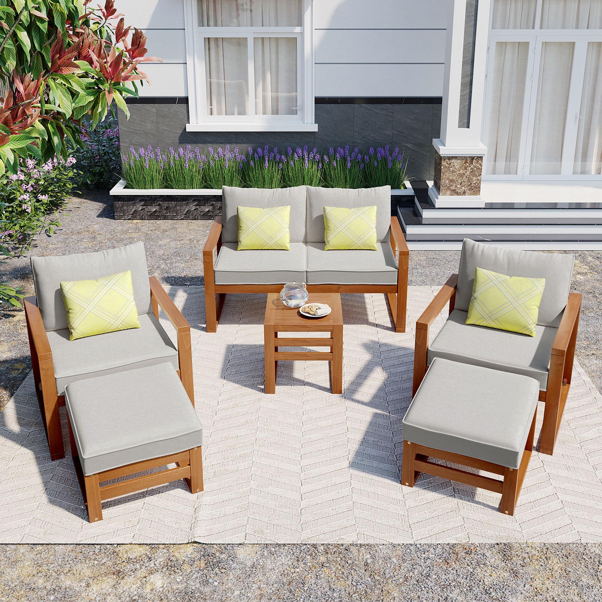 Glavbiku Outdoor Patio Wood 6 Piece Sectional Sofa Conversation Set with Ottoman for Garden Gray