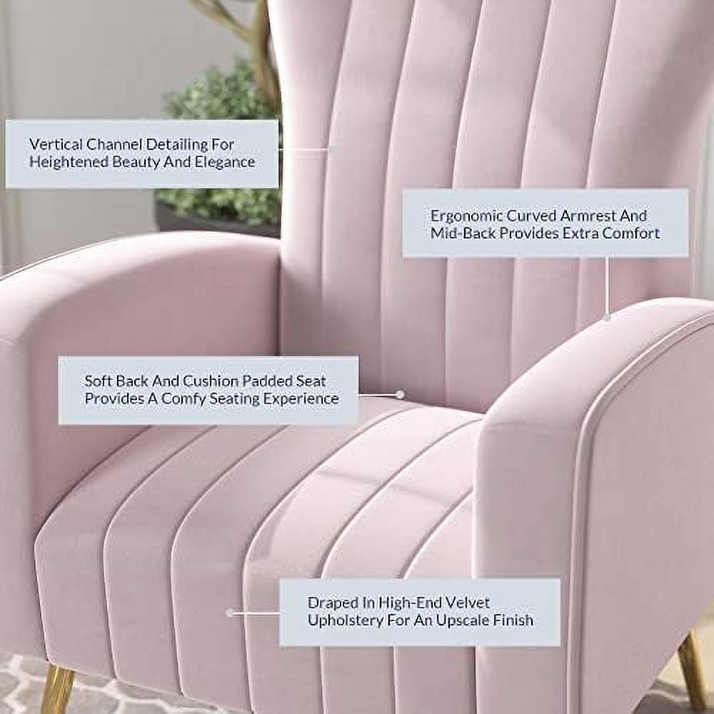 xrboomlife Velvet Accent Chairs for Living Room  Modern Upholstered Wingback Vanity Chair Arm Chair Mid-Back Single Sofa with Metal Legs  Armrests for Living Room Bedroom- Kinsley (Pink)