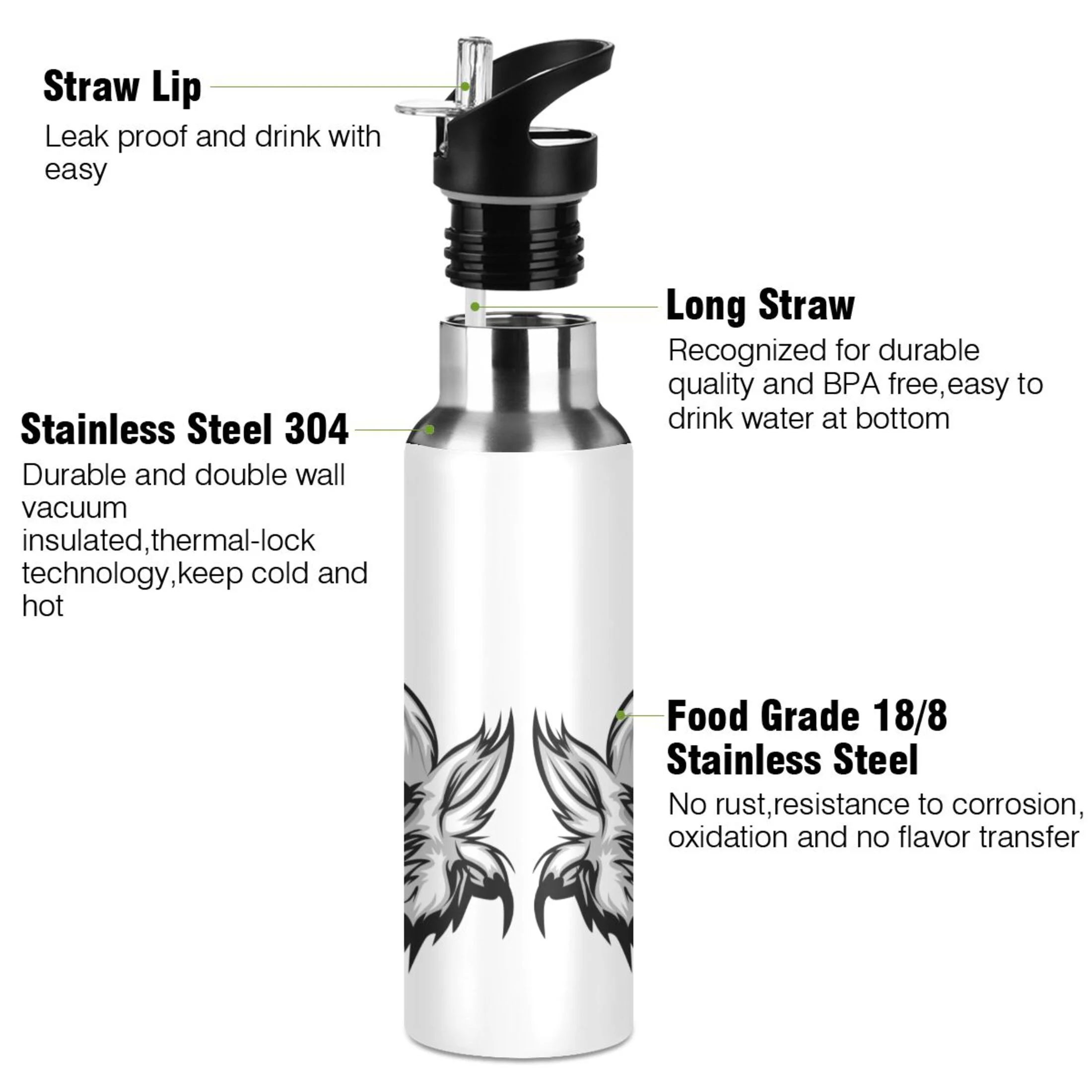 Water Bottle with Straw Lid Leak Cartoon Eagle Eyes Stainless Steel Insulated Thermos Vacuum Flask for Cold Hot Drinking for Sports Camping Gym Yoga