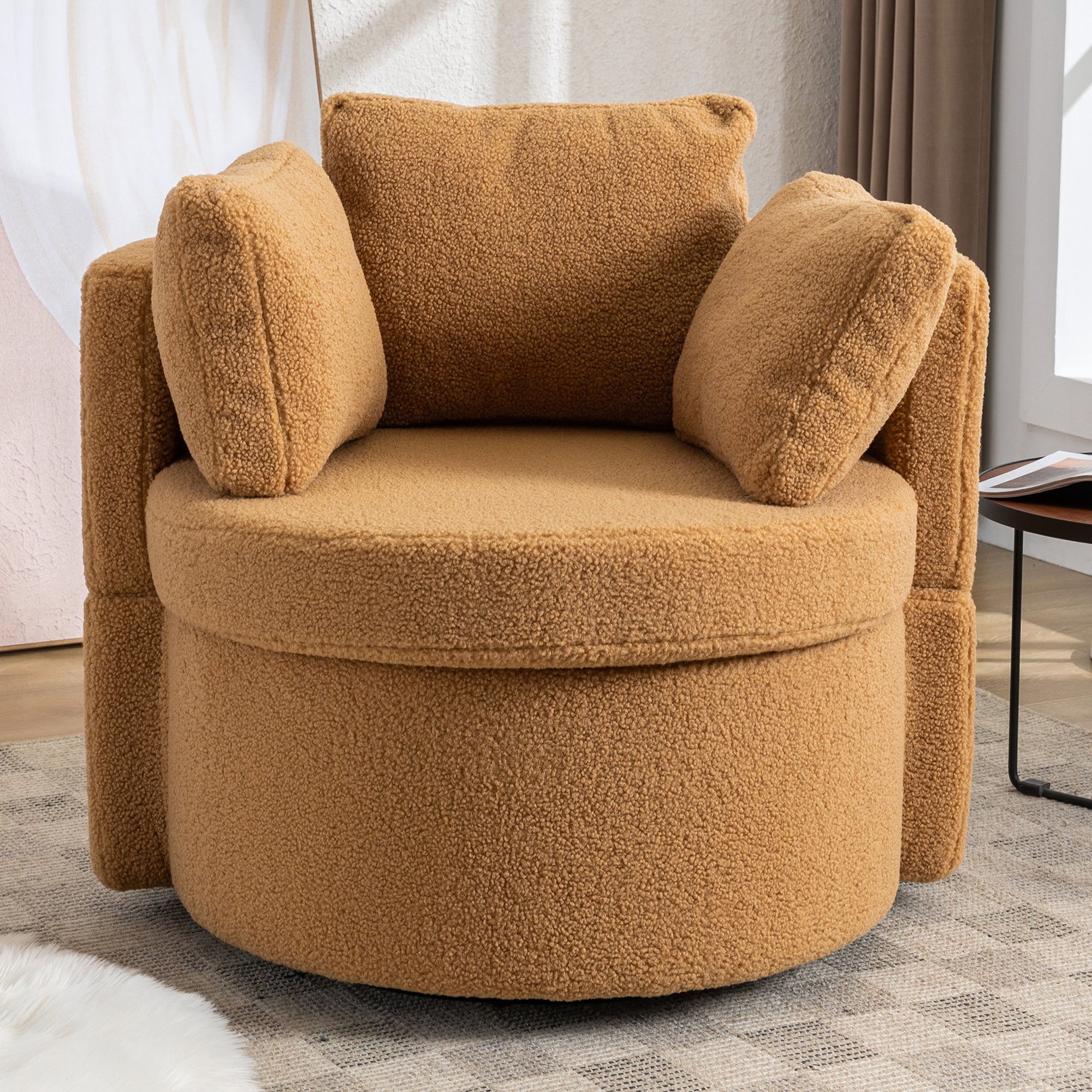 Modern Teddy Fabric Swivel and Storage Lounge Chair with Pillow Set- Brown
