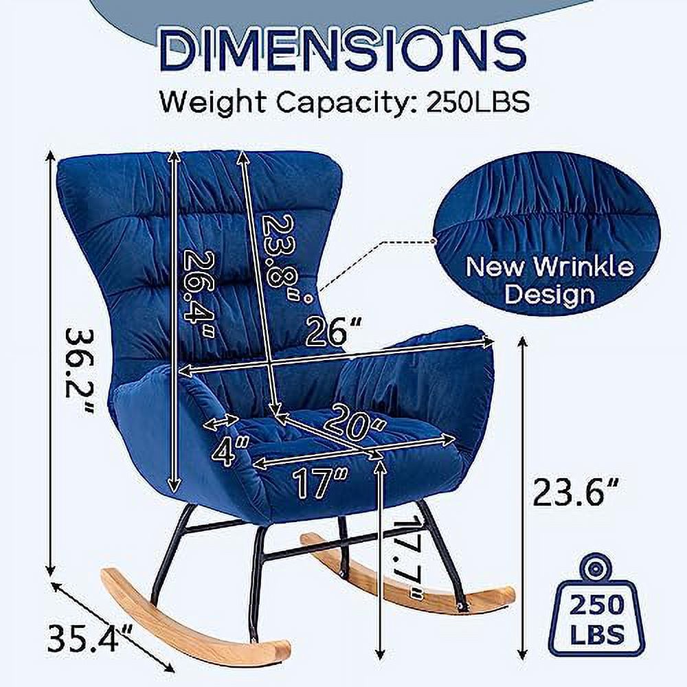 TJUNBOLIFE Nursery Rocking Chair  Velvet Upholstered Glider Rocker  Rocking Accent Chair with High Backrest  Comfy Rocking Accent Armchair for Living Room  Bedroom  Offices (Blue Velvet)