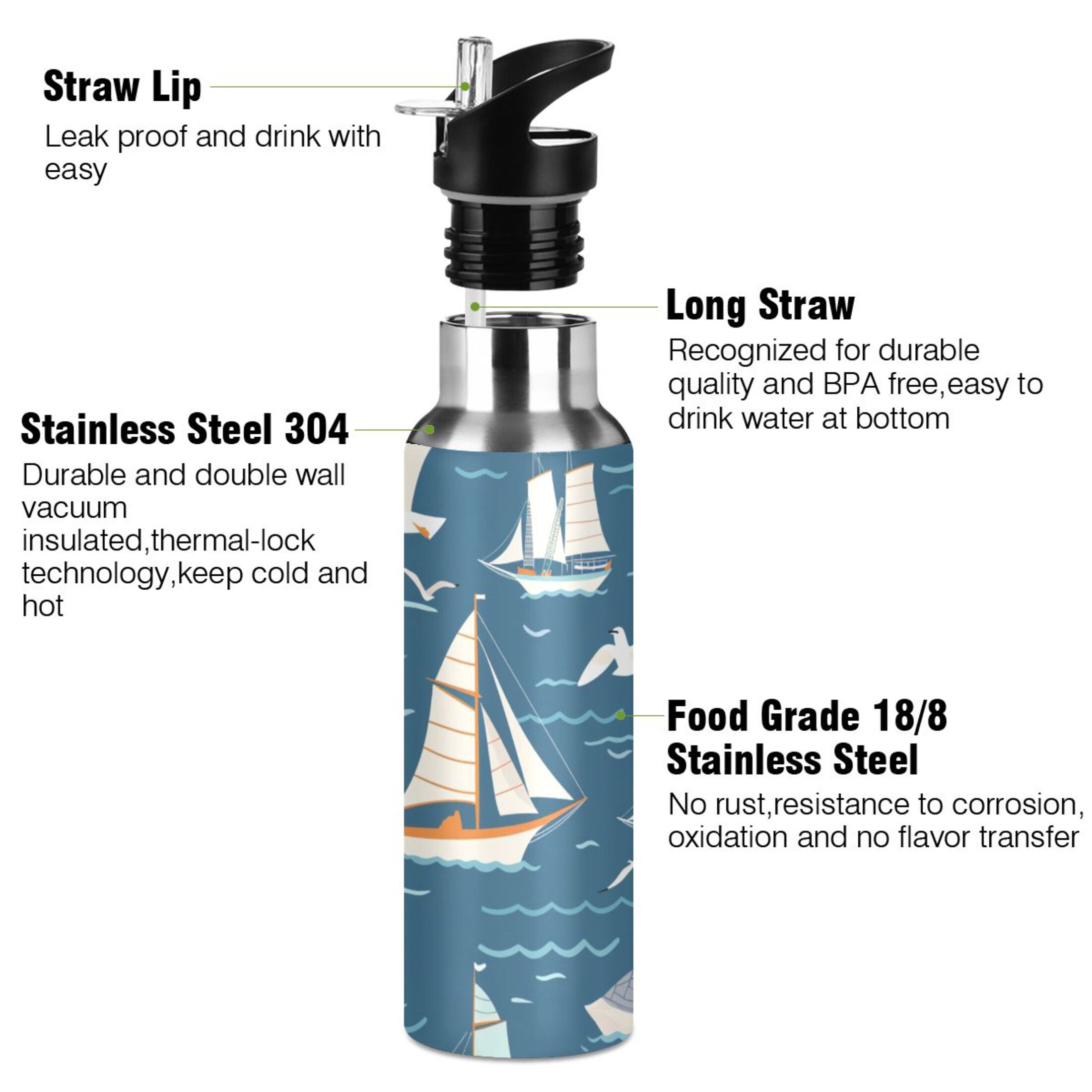 Seagulls and Ship Water Bottles Insulated Thermos Kids Stainless Steel Bottle with Straw Lid Flask Leakproof for Sports Gym 20 oz