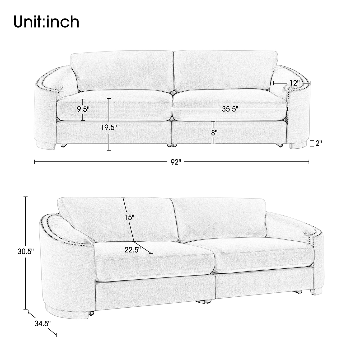Churanty Modern 2 Seat Sofa with Semilunar Rivet Arm, Upholstery Loveseat Sofa Couch Set for Living Room Small Space Apartment,Gray