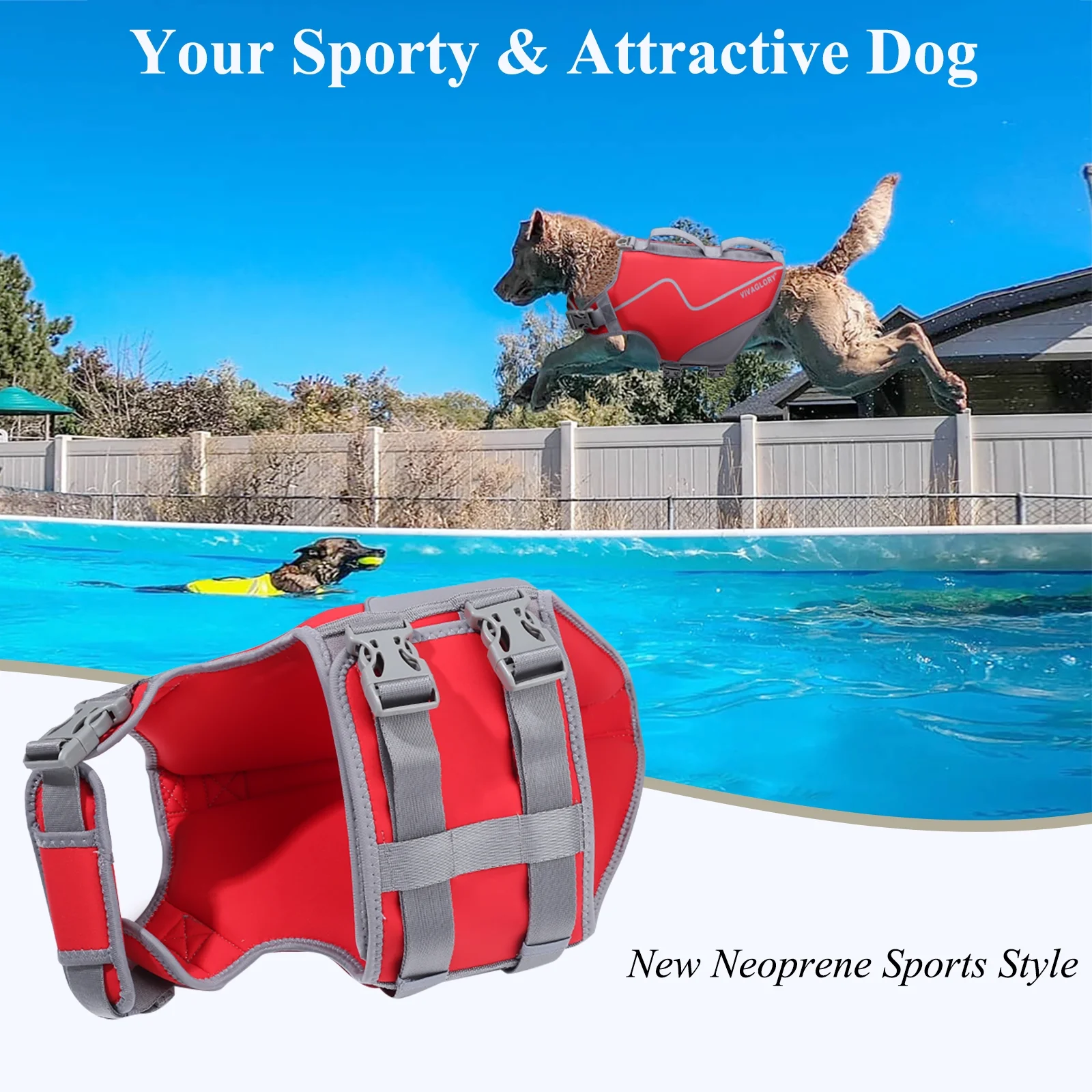 VIVAGLORY Dog Life Jacket Neoprene Vest for Swimming, Sports Style, Red, Large