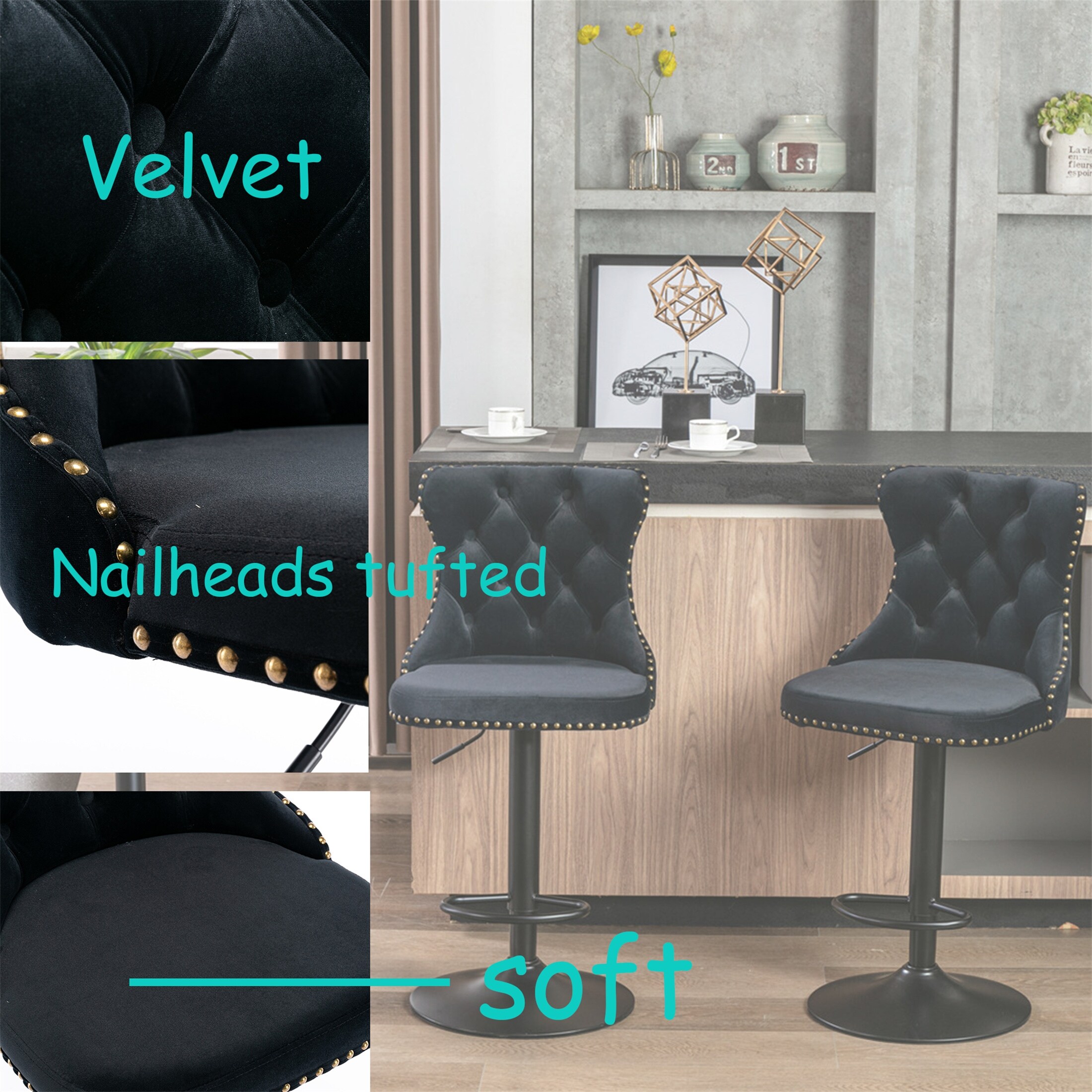 YJTONWIN 2PC Bar Stools Swivel Velvet Modern Upholstered Chair Home Pub Kitchen
