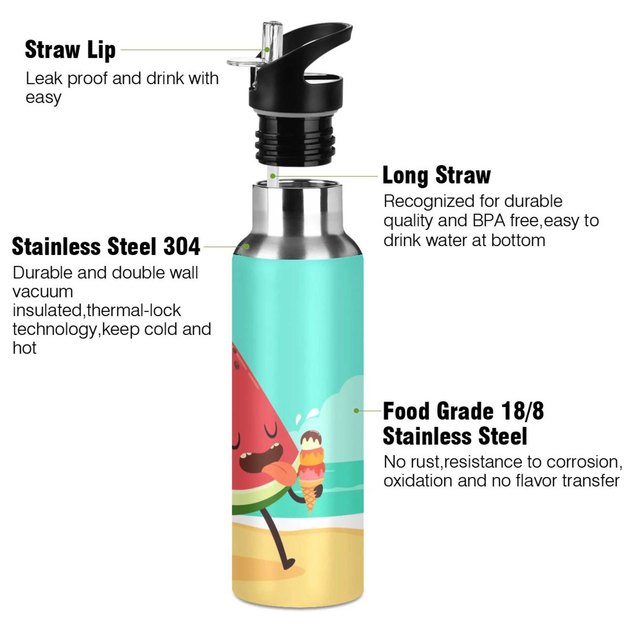 Water Bottle with Straw Lid Leak Watermelon Stainless Steel Insulated Thermos Vacuum Flask for Cold Hot Drinking for Sports Camping Gym Yoga