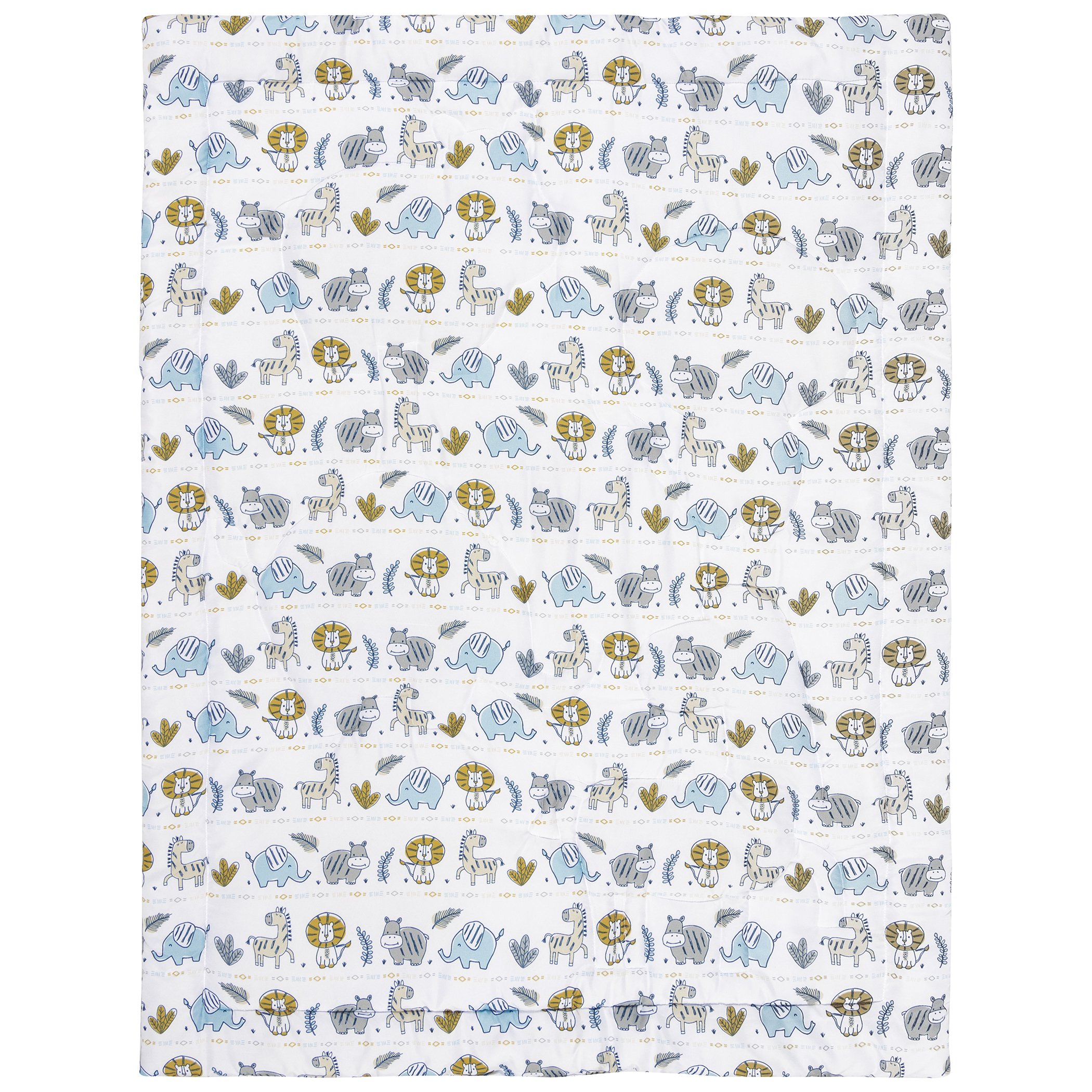 Sammy & Lou Zambia 4 Piece Crib Bedding Set. White, Tan, Orange, Blue, Navy and Gray Set is 100% Microfiber, Quilt is 100% Polyester Fill. Set Includes Quilt, Fitted Crib Sheet, Skirt and Plush Toy.