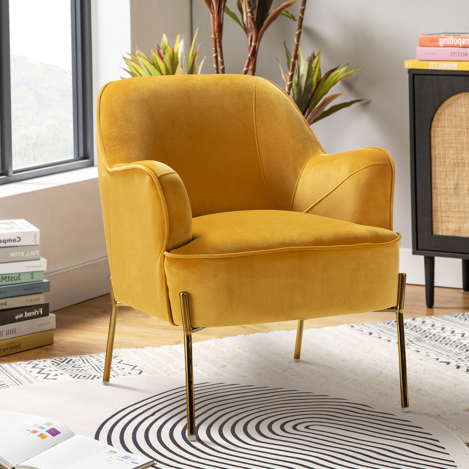 Velvet Upholstered Accent Chair, Tina's Home Modern Armchair Metal Leg Living Room Bedroom Mustard