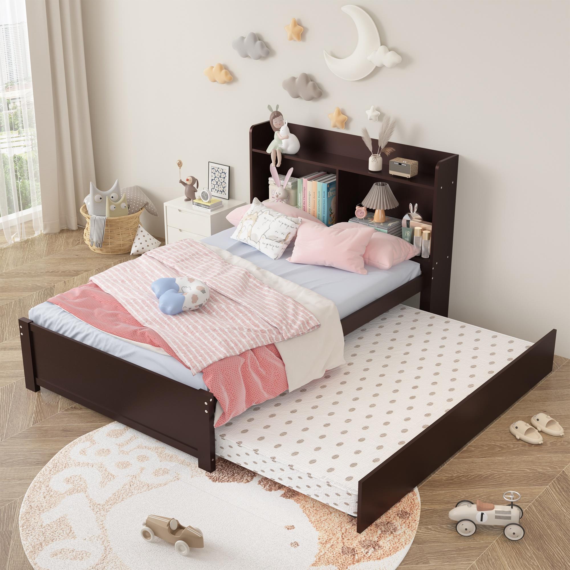 SYNGAR Twin Bed Frame with Trundle and Storage Bookcase, Modern Kids Platform Bed Frame with Pull Out Trundle, Solid Wood Trundle Bed with Headboard and Footboard, No Box Spring Needed, Espresso