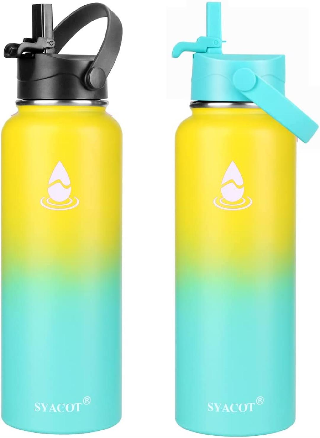 40 oz Stainless Steel Water Bottle, Insulated Double Wall Vacuum Leak Proof Water Flask, Metal Thermo Canteen Mug —Wide Mouth with 2 Straw Lids