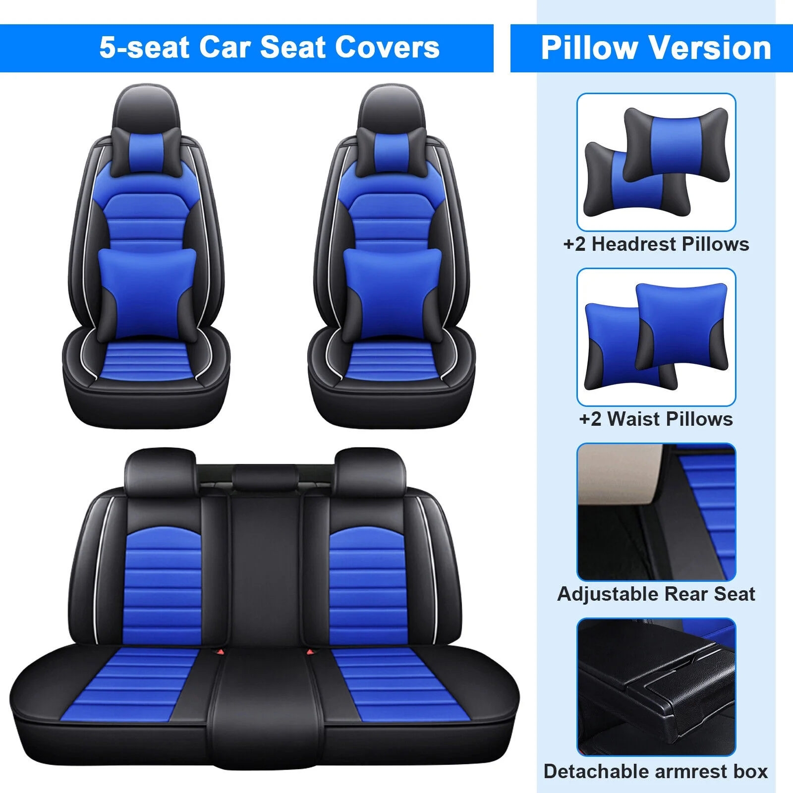 Car Seat Covers for Subaru Full Set, Waterproof PU Leather Auto Front Rear Seat Cushion Protector for Crosstrek/ Forester/ Legacy/ Outback/ WRX/ Tribeca Black+Blue