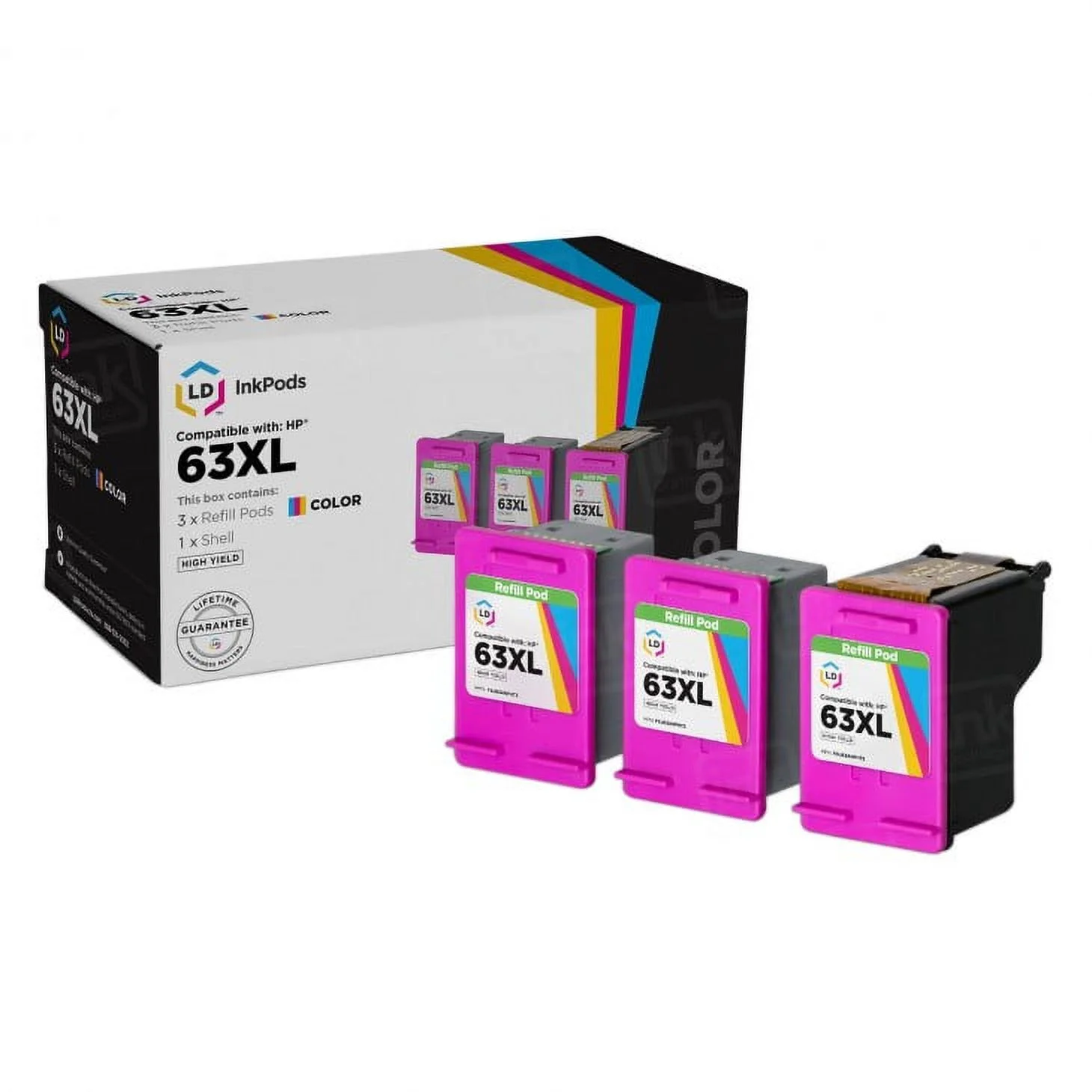 LD Products F6U63ANPHT3 3Pk InkPods Ink Cartridge Replacements for HP 63XL, Colors