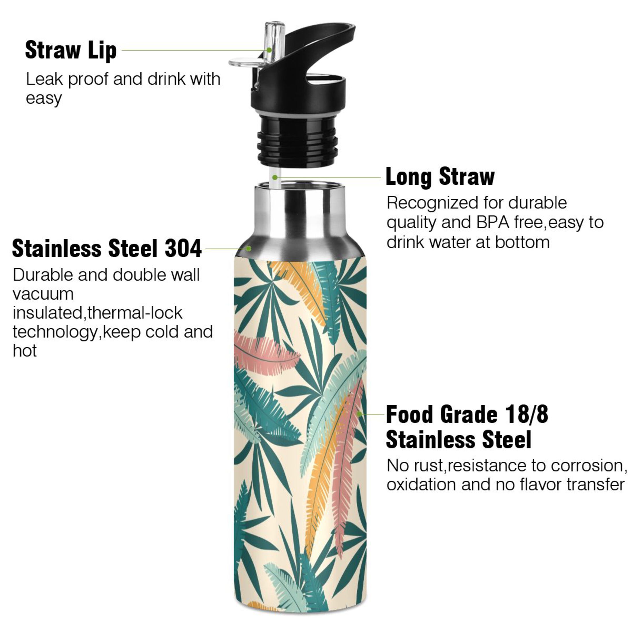 Water Bottle with Straw Lid Leak Fall Green Leaves Stainless Steel Insulated Thermos Vacuum Flask for Cold Hot Drinking for Sports Camping Gym Yoga