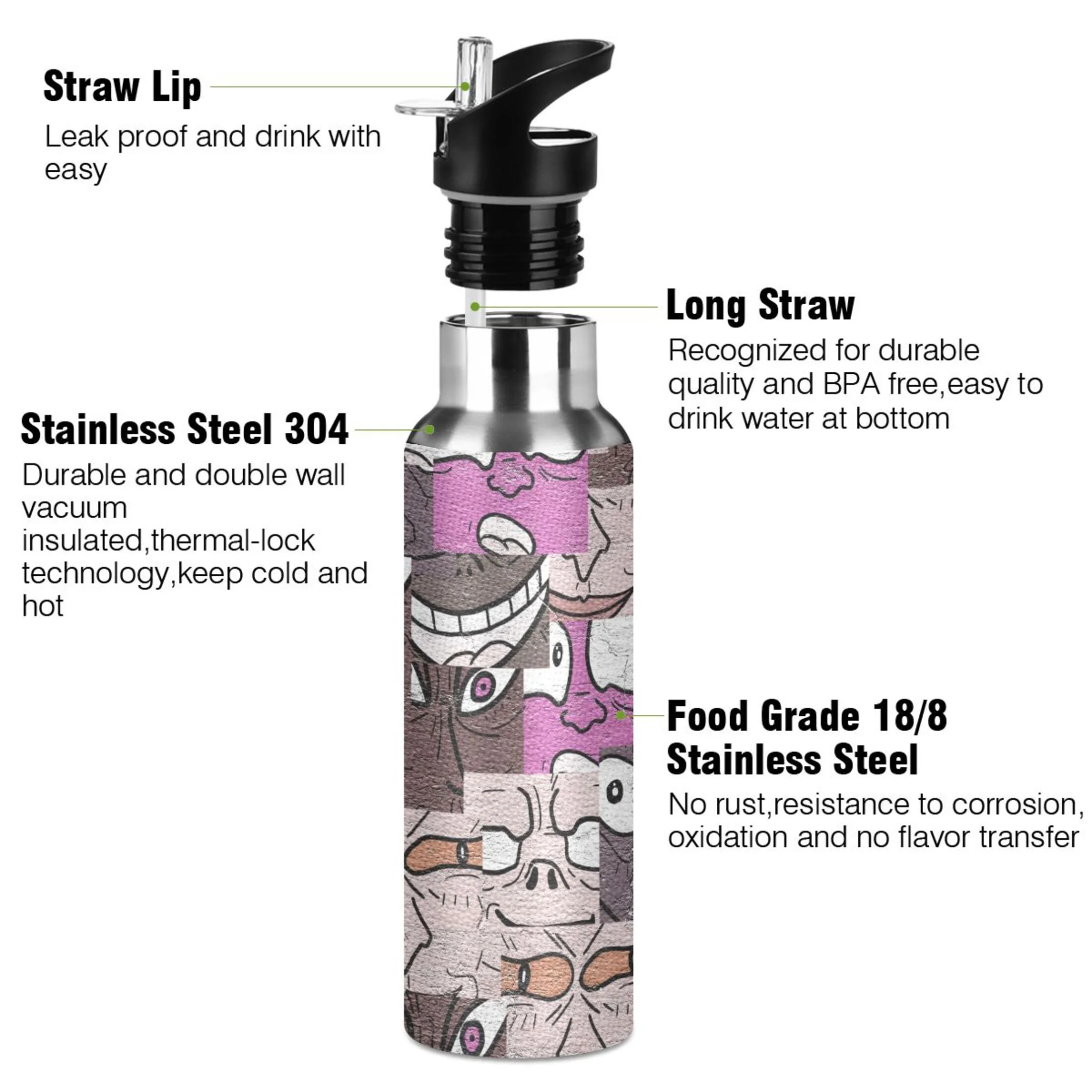 Water Bottle with Straw Lid Leak Cartoon Animal Stainless Steel Insulated Thermos Vacuum Flask for Cold Hot Drinking for Sports Camping Gym Yoga