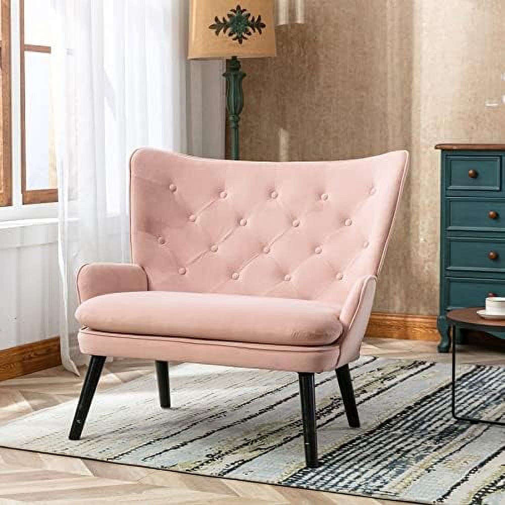 TJUNBOLIFE Accent Chair Velvet Small Loveseat Tufted Button Wingback Armchair Modern Mid Century Settee Loveseat with Solid Wood Legs for Living Room Bedroom Reading Waiting Room (Pink)