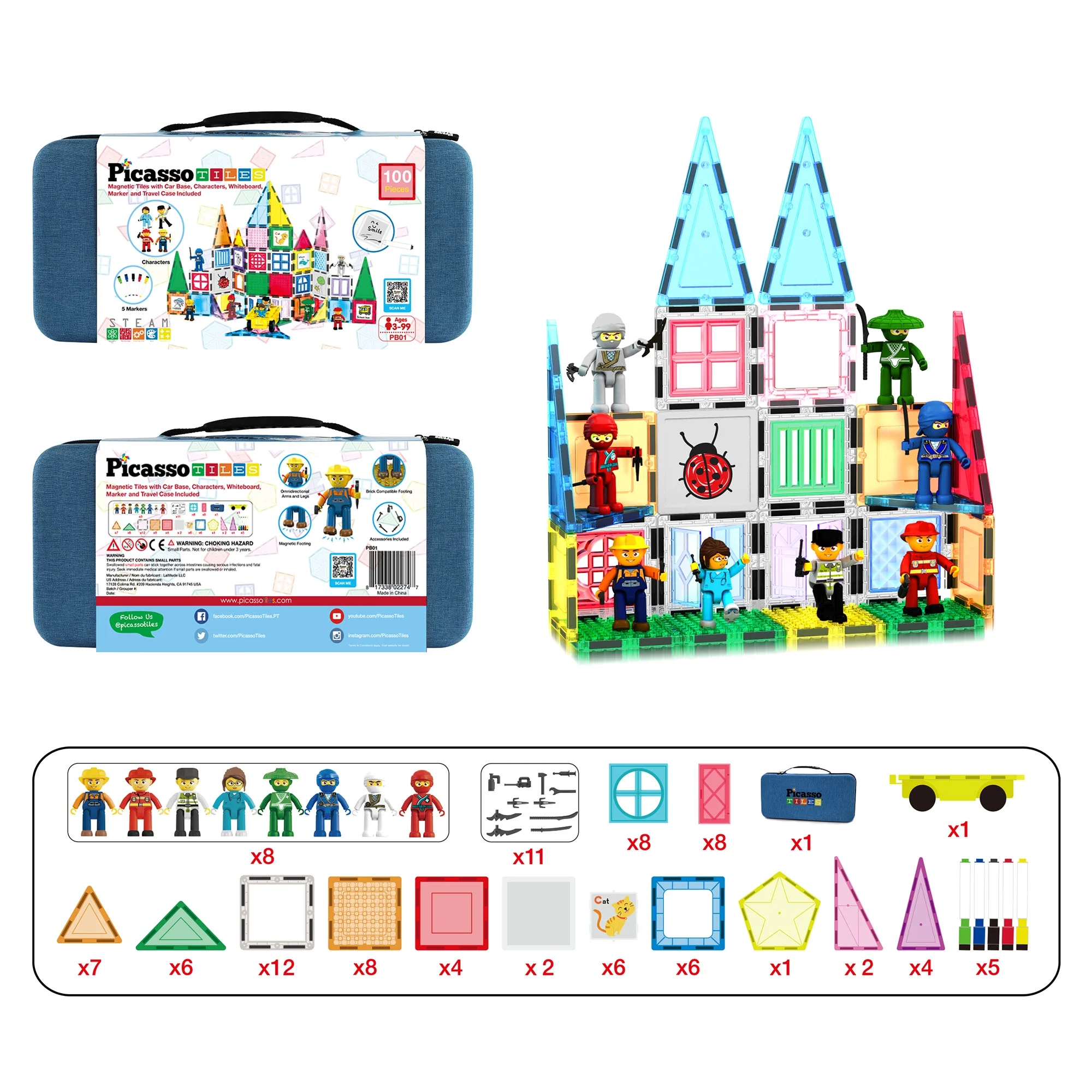 PicassoTiles 100 Pieces Magnet Tile Construction Building Block Set for Kids Age 3+ PB01