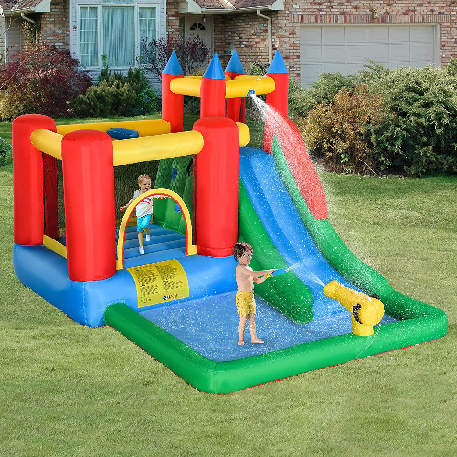 Kids Inflatable Water Slide, 6 in 1 Water Park Bounce House Jumping Castle Water Pool Cannon Climbing Wall Basket with Air Blower for Summer Playland