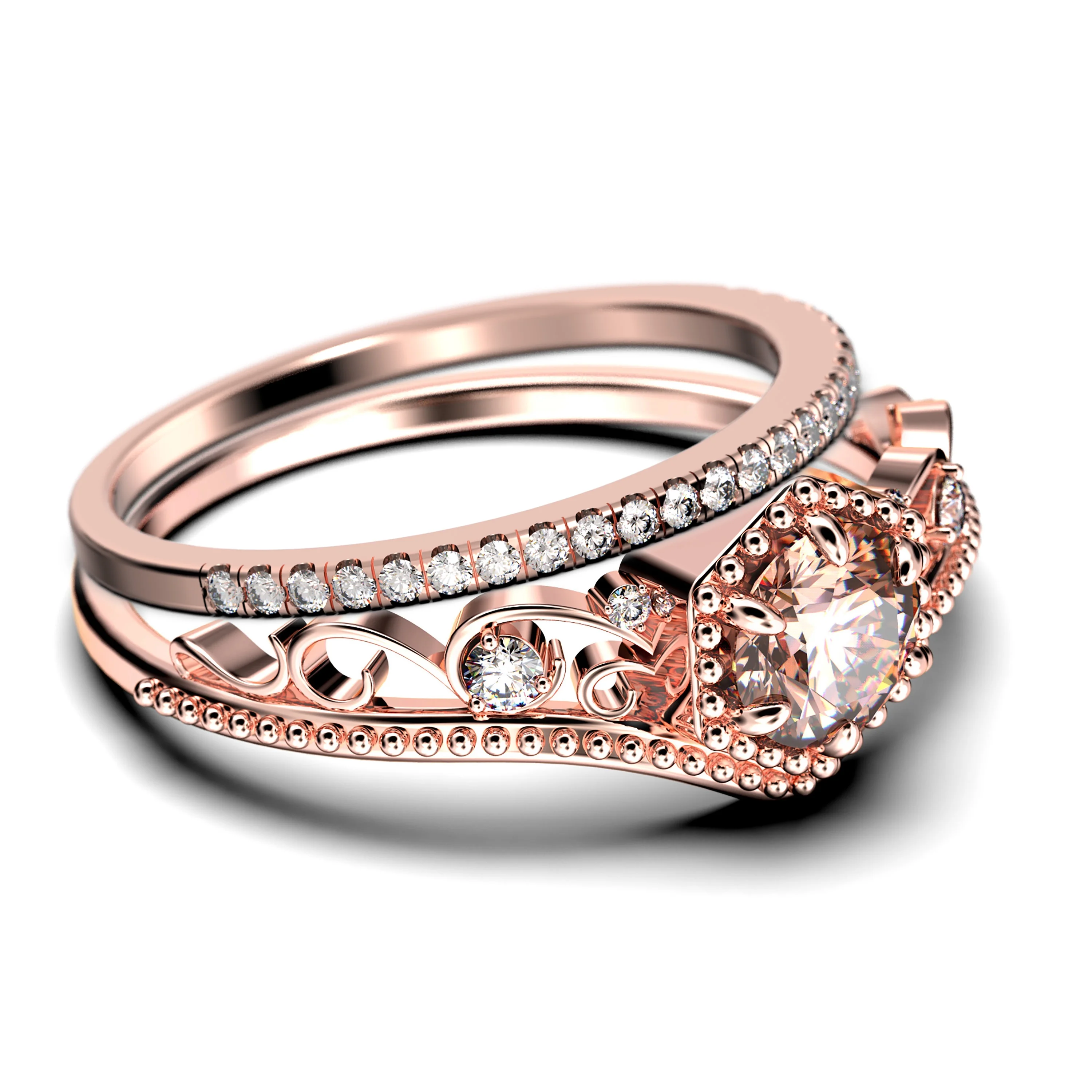 Antique Art Deco 2.00 Carat Round Cut Crown Morganite And Diamond Moissanite Engagement Ring, Wedding Ring, One Matching Band in 925 Sterling Silver With 18k Rose Gold Plating, Promise Ring