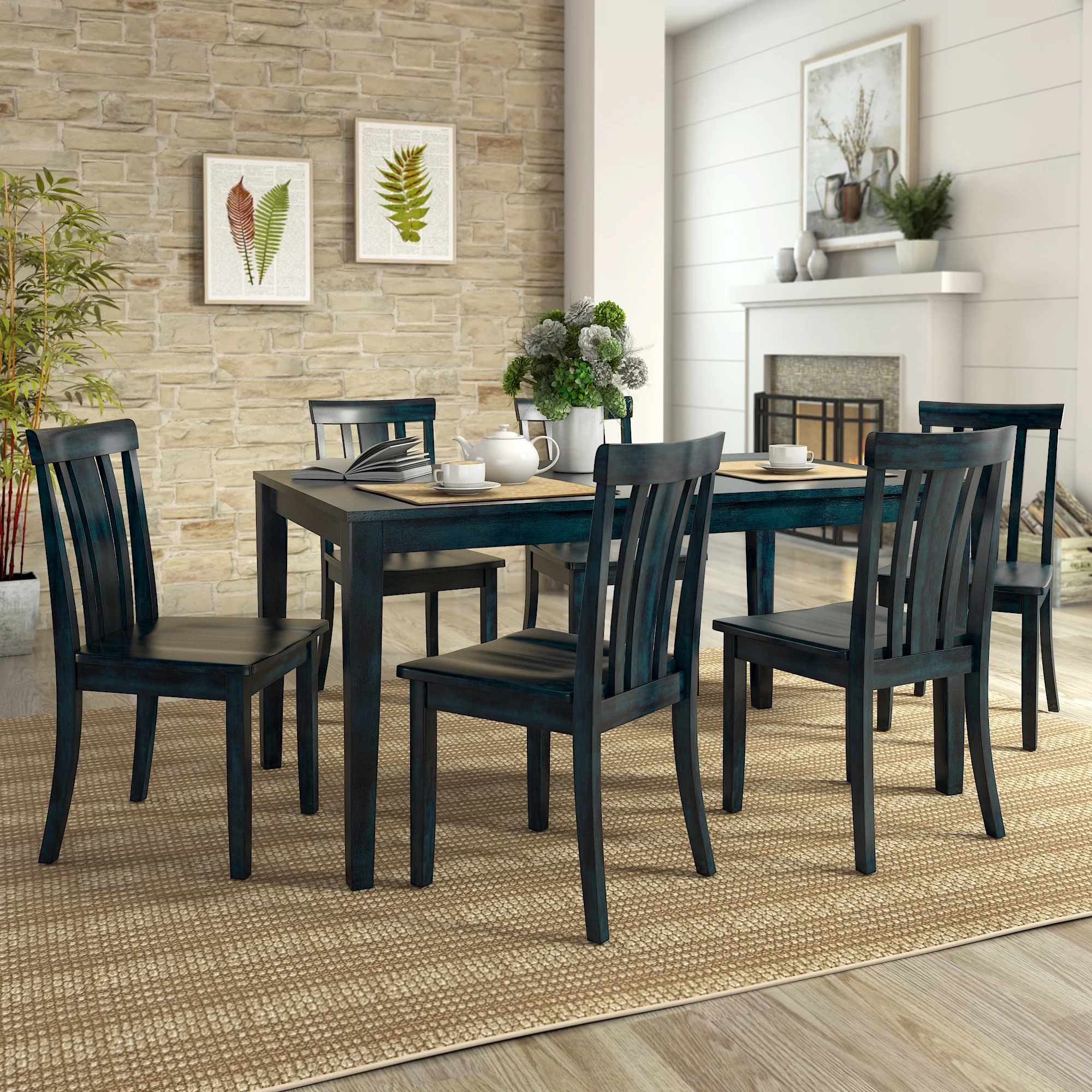 Lexington Large Wood Dining Set with 6 Slat Back Chairs, Dark Denim