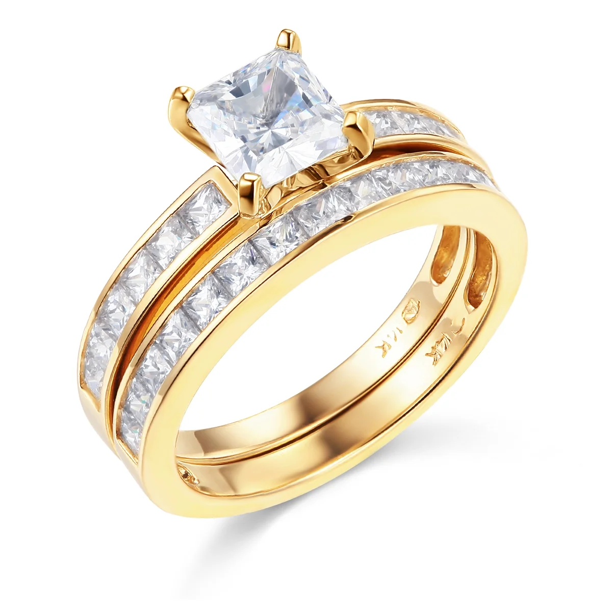 Wellingsale Ladies Solid 14k Yellow Gold Polished CZ Cubic Zirconia Princess Cut Engagement Ring with Side Stones and Wedding Band Bridal Set - Size 9