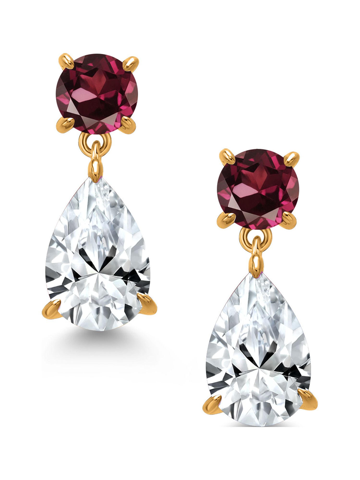 Gem Stone King 18K Yellow Gold Plated Silver White Created Sapphire and Red Rhodolite Garnet Teardrop Dangle Drop Earrings For Women (8.98 Cttw, Gemstone Birthstone, Pear Shape 12x8MM, Round 6MM)