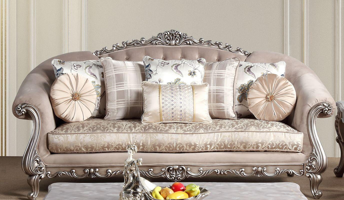 Beige Fabric & Silver Finish Sofa Set 2Pc Traditional Cosmos Furniture Cristina