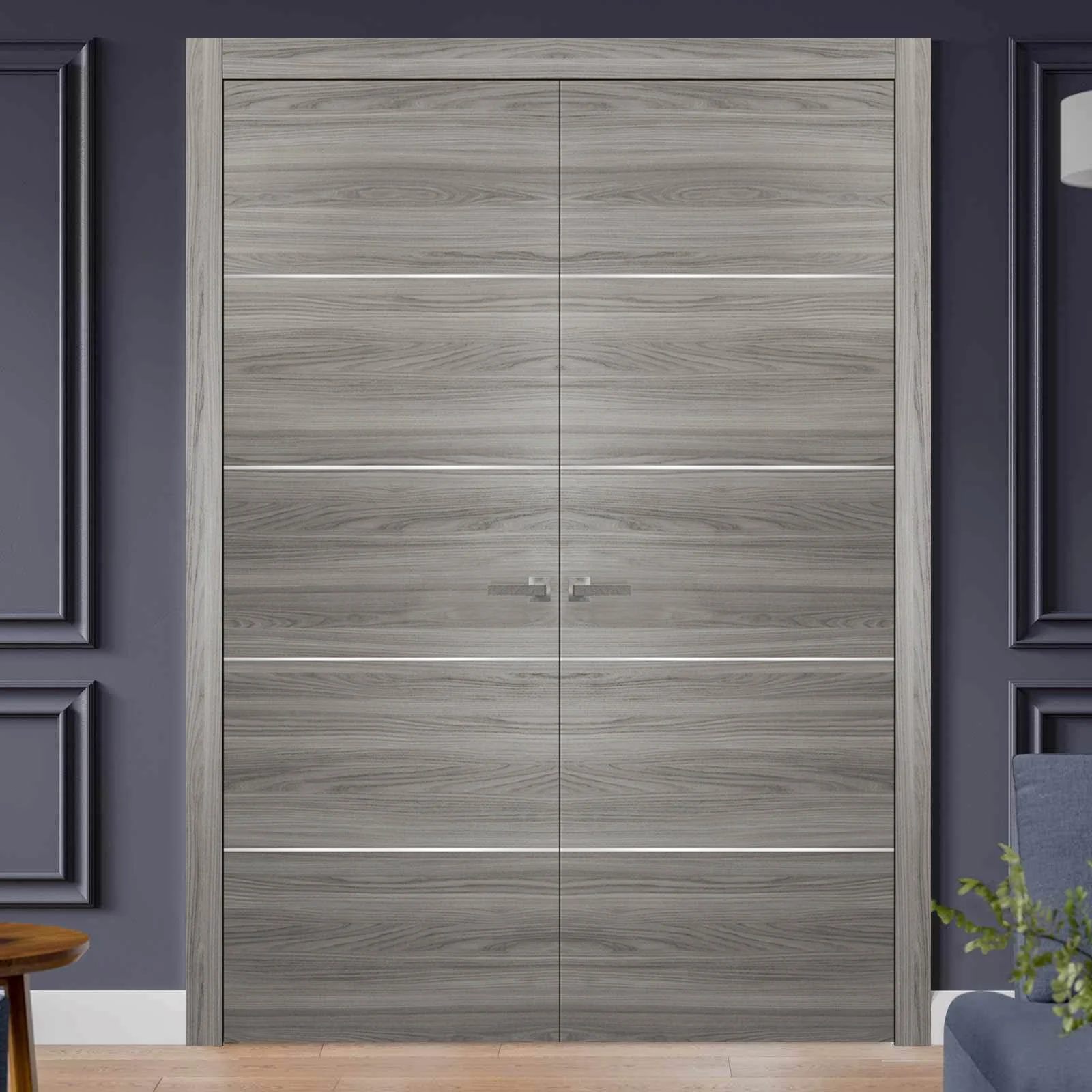 Grey Modern French Doors 48 x 80 with Moldings