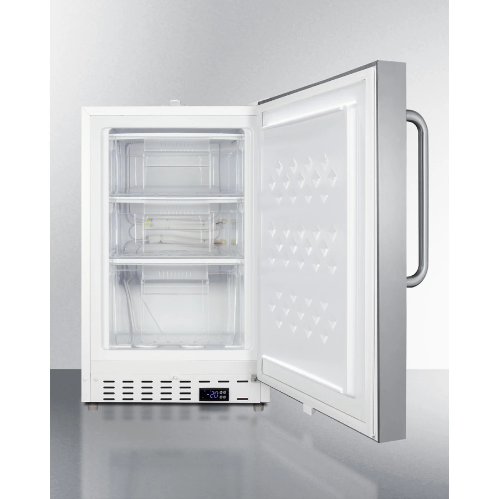 Commercially aproved undercounter ADA compliant all-freezer with white cabinet and stainless steel door