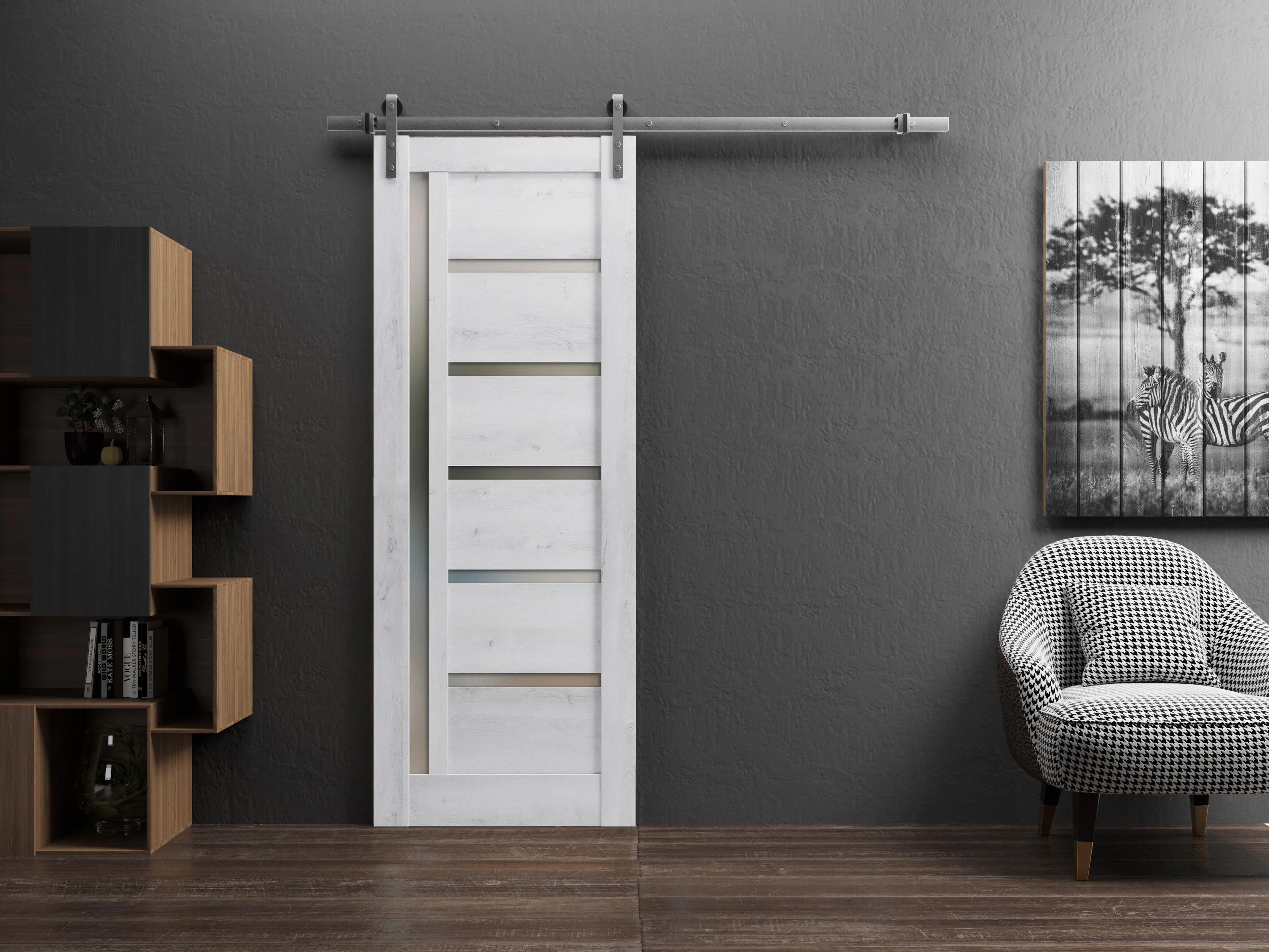 Sturdy Barn Door 42 x 80 inches | Quadro 4088 Nordic White with Frosted Glass | Stainless Steel 8FT Rail Hangers Heavy Set | Solid Panel Interior Doors