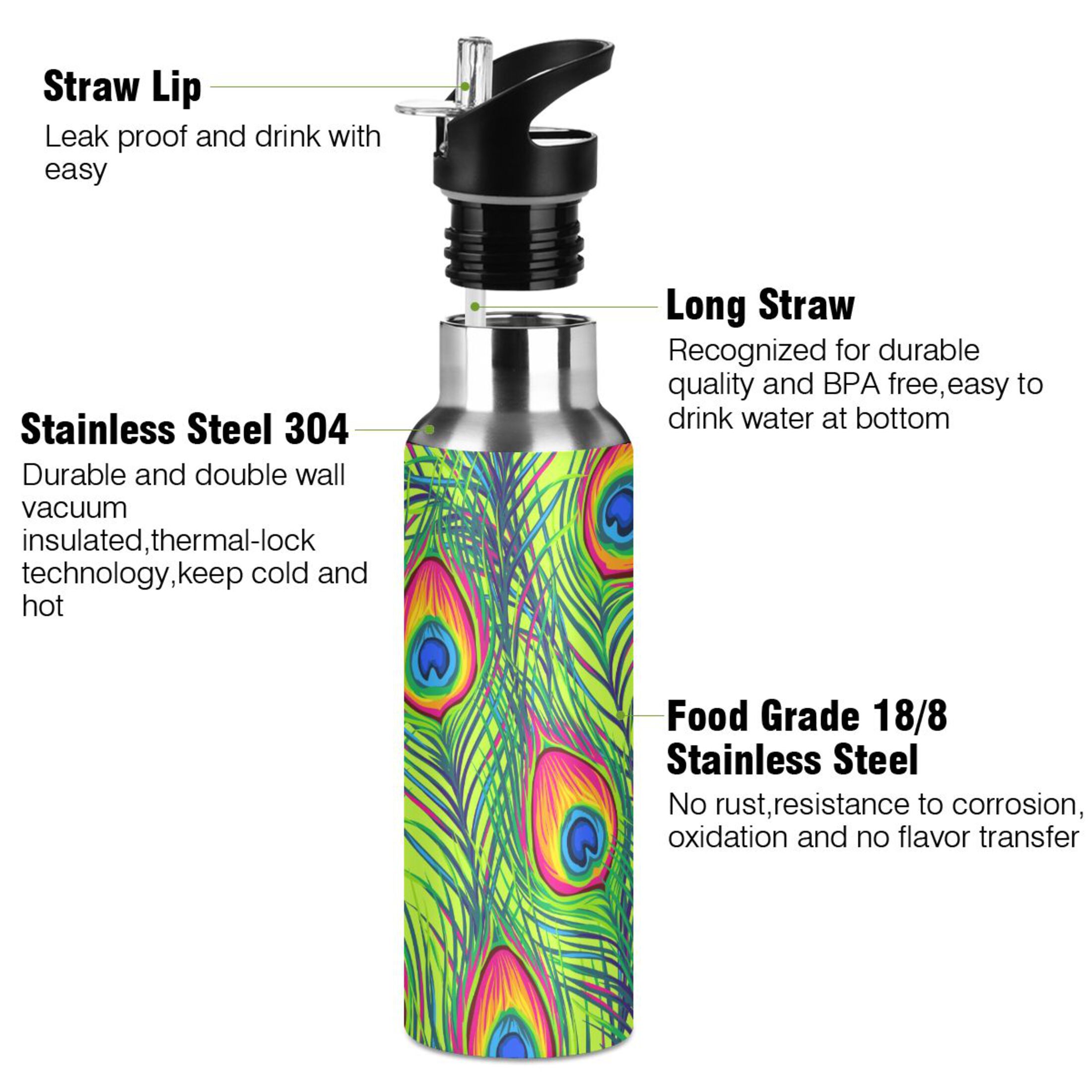 Water Bottle with Straw Lid Leak Peacock Feather on Green Stainless Steel Insulated Thermos Vacuum Flask for Cold Hot Drinking for Sports Camping Gym Yoga