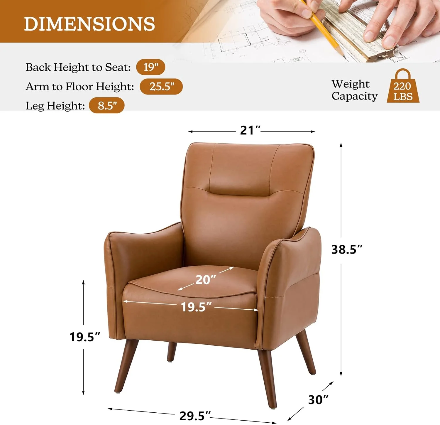 Modern Faux Leather Armchair With Tapered Wooden Legs, Comfy Upholstered Accent Chair For Living Room Bedroom Office, Camel