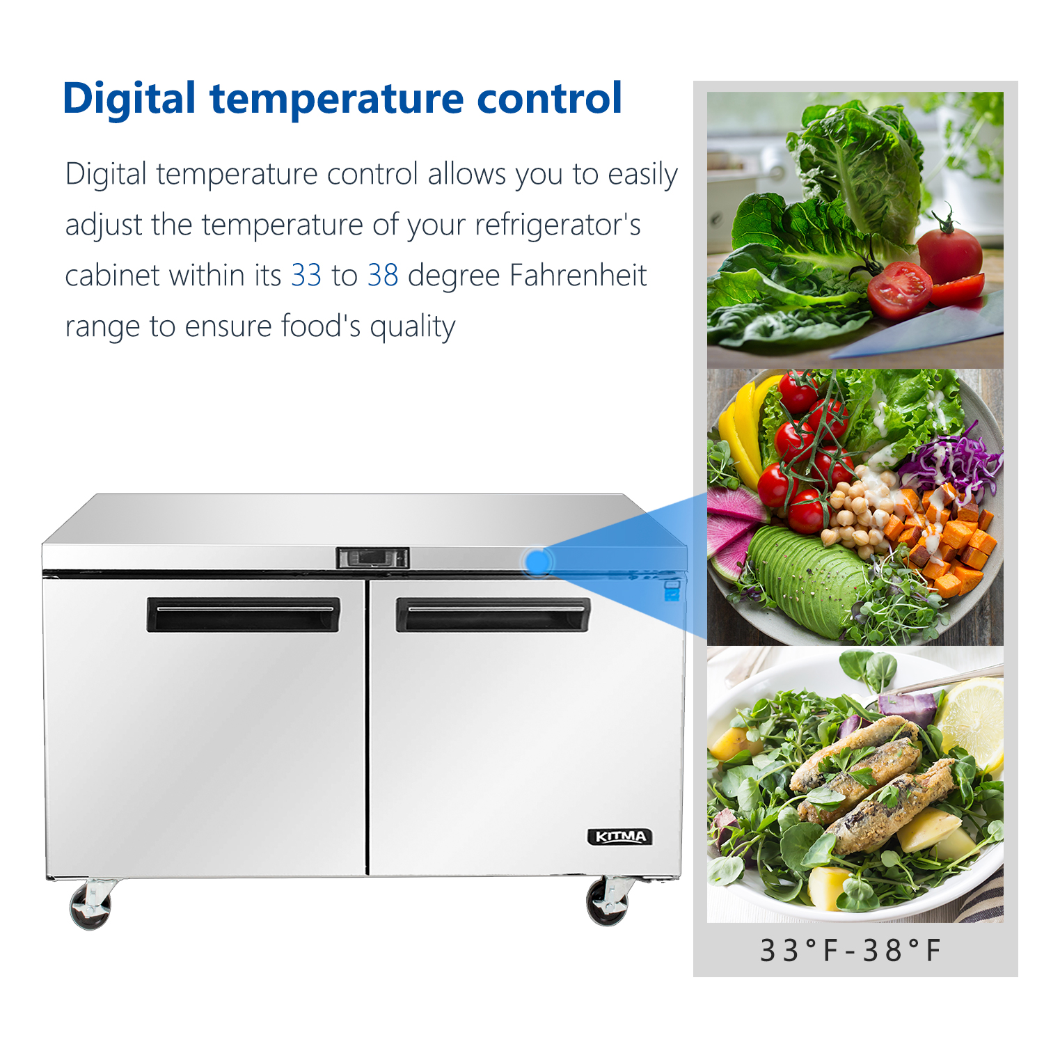 Commercial 2 Door Undercounter Refrigerators - KITMA 17 Cu. Ft Side by Side Stainless Steel Worktop Fridge for Kitchen, 33°F -38°F