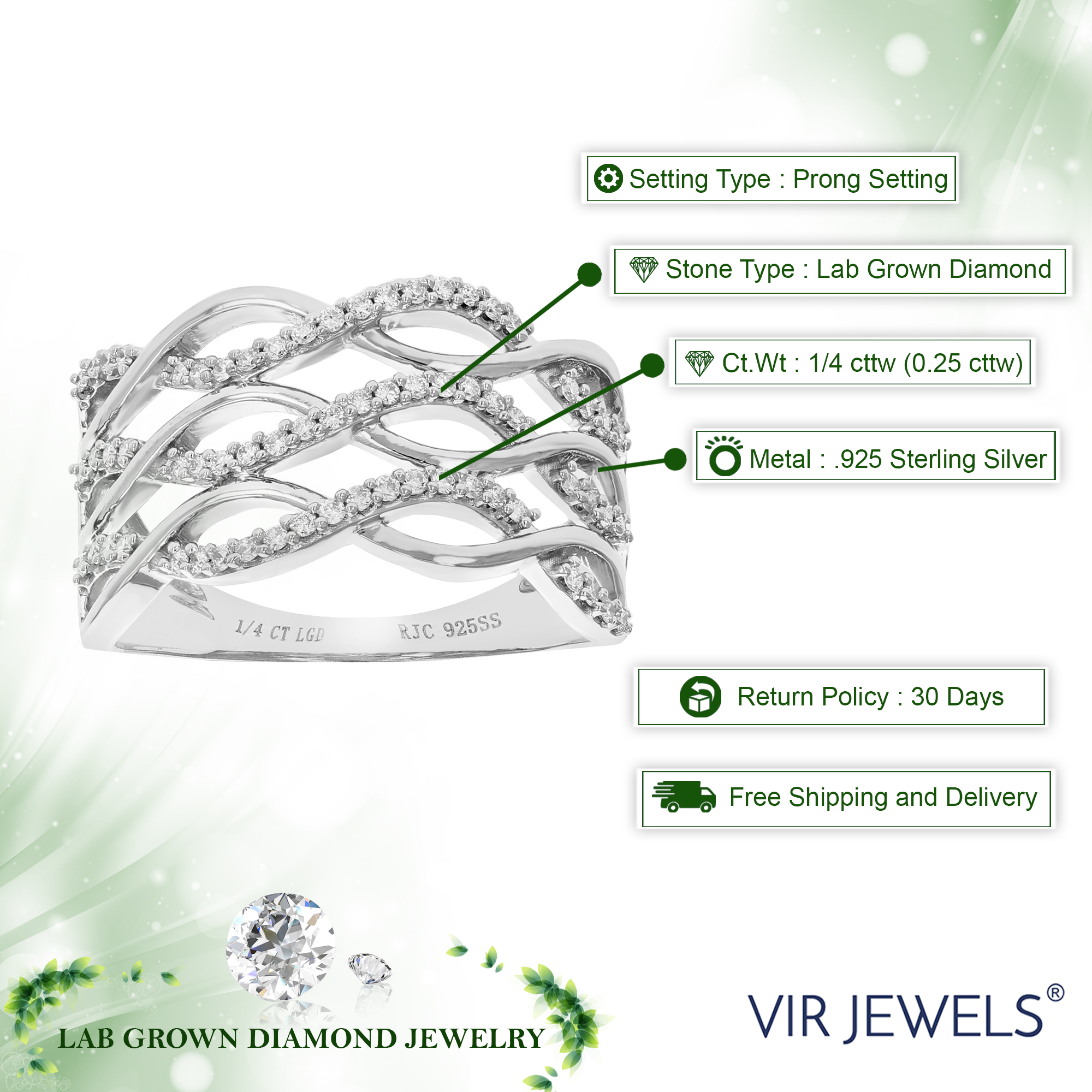 Vir Jewels 1/4 CTTW Lab Grown Diamond Wedding Band .925 Sterling Silver Prong Size 7