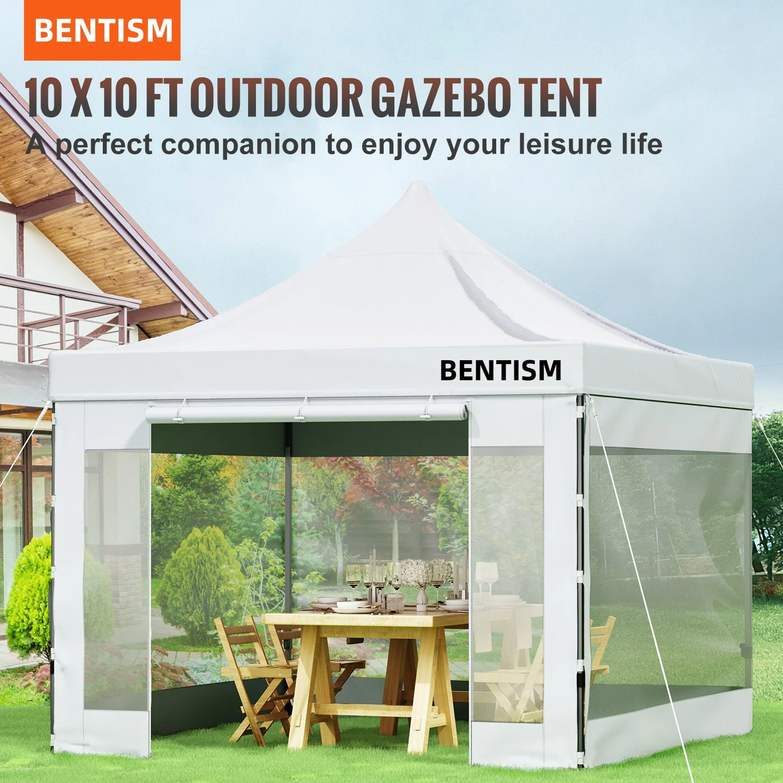 BENTISM Pop Up Canopy Tent, 10 x 10 ft, Outdoor Patio Gazebo Tent with Removable Sidewalls and Wheeled Bag, UV Resistant Waterproof Instant Gazebo Shelter for Party, Garden, Backyard, White