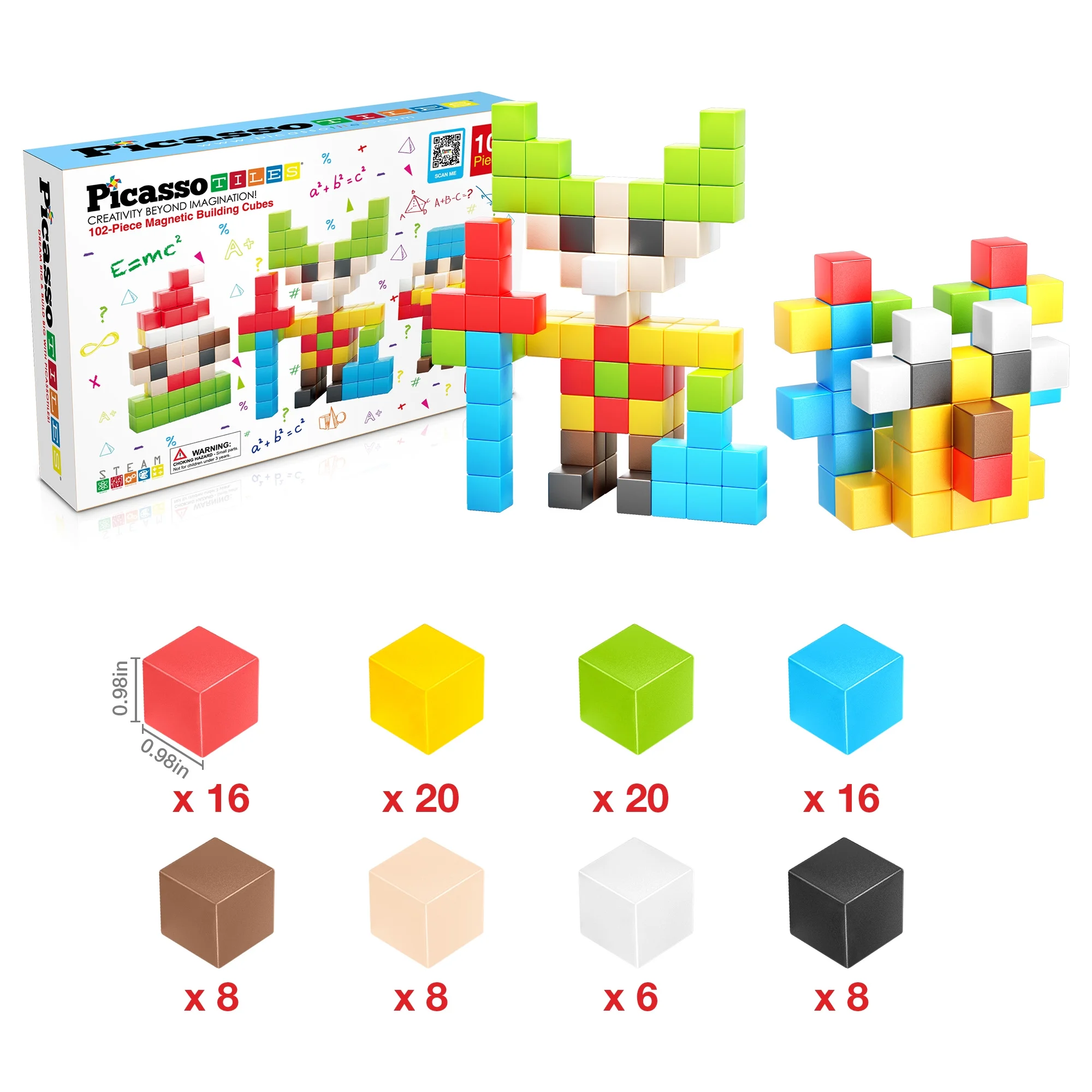 PicassoTiles Kids Pixel Magnetic Puzzle Cube 102pcs Mix & Match Cubes with Idea Book Sensory Toys