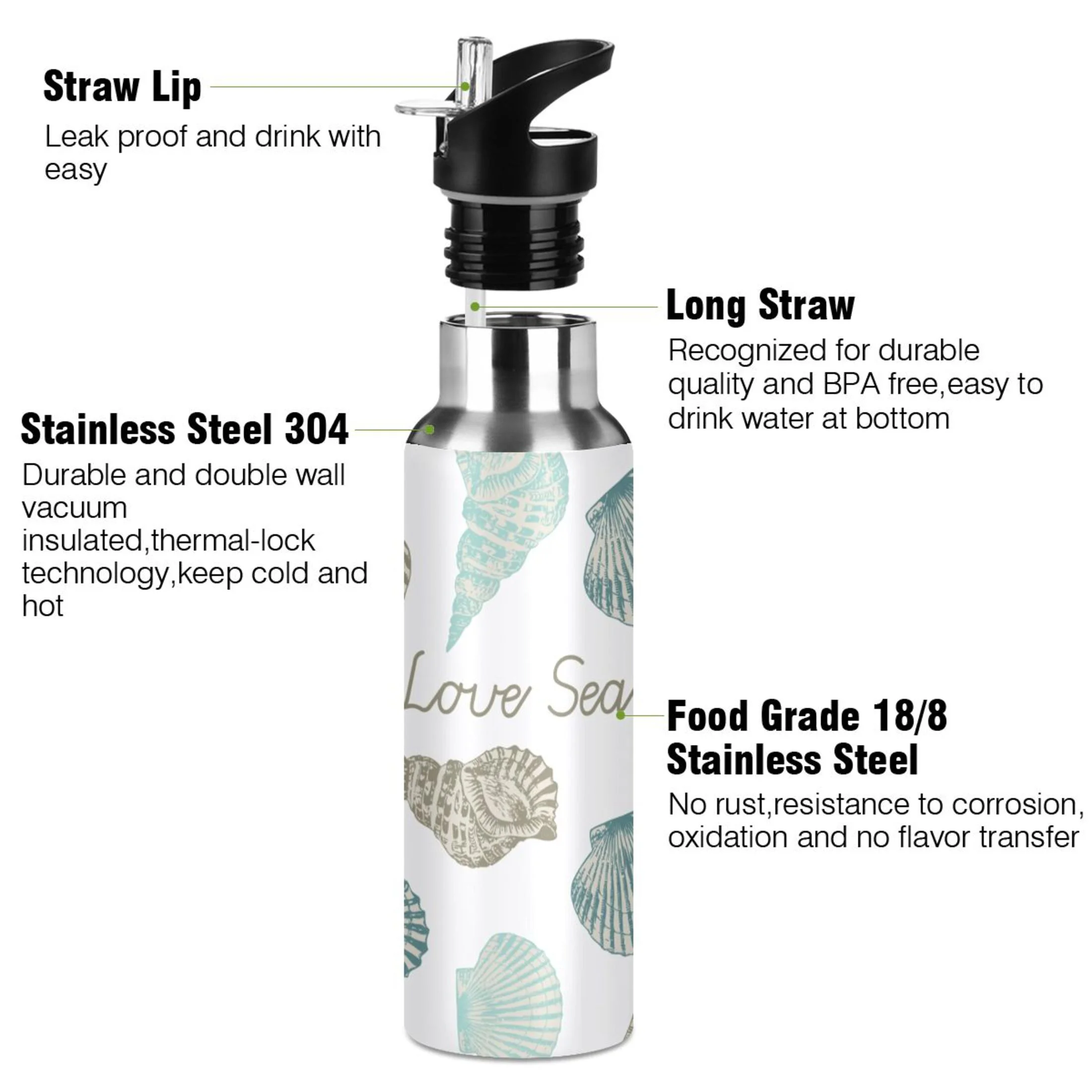 Water Bottle with Straw Lid Leak Sea Shells Pattern Stainless Steel Insulated Thermos Vacuum Flask for Cold Hot Drinking for Sports Camping Gym Yoga
