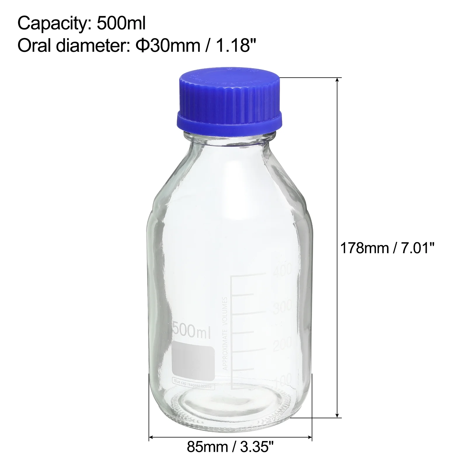 Uxcell 500mL Clear Reagent Media Graduated Glass Storage Bottle Blue Cap 2 Pack