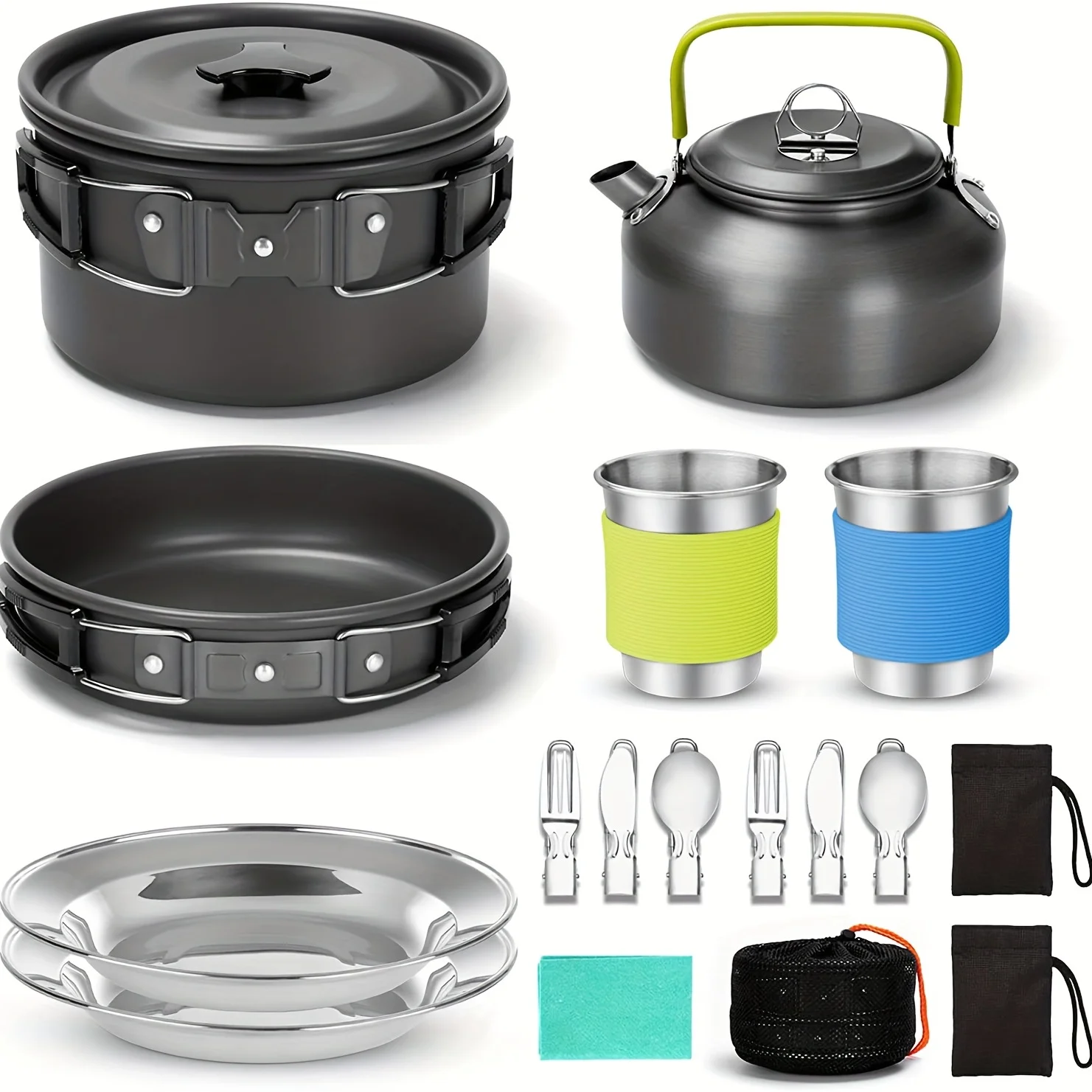 All-In-One 15pc Non-Stick, Lightweight Camping Cookset – Stainless Steel Outdoor Cooking Kit, Perfect for Backpackers & Picnics