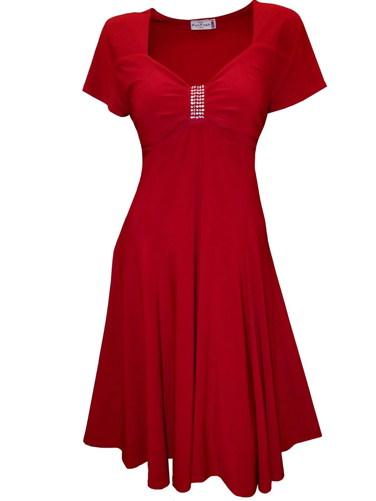 Funfash Women's Plus Size Red Empire Waist with Rhinestones Cocktail Dress - XXL