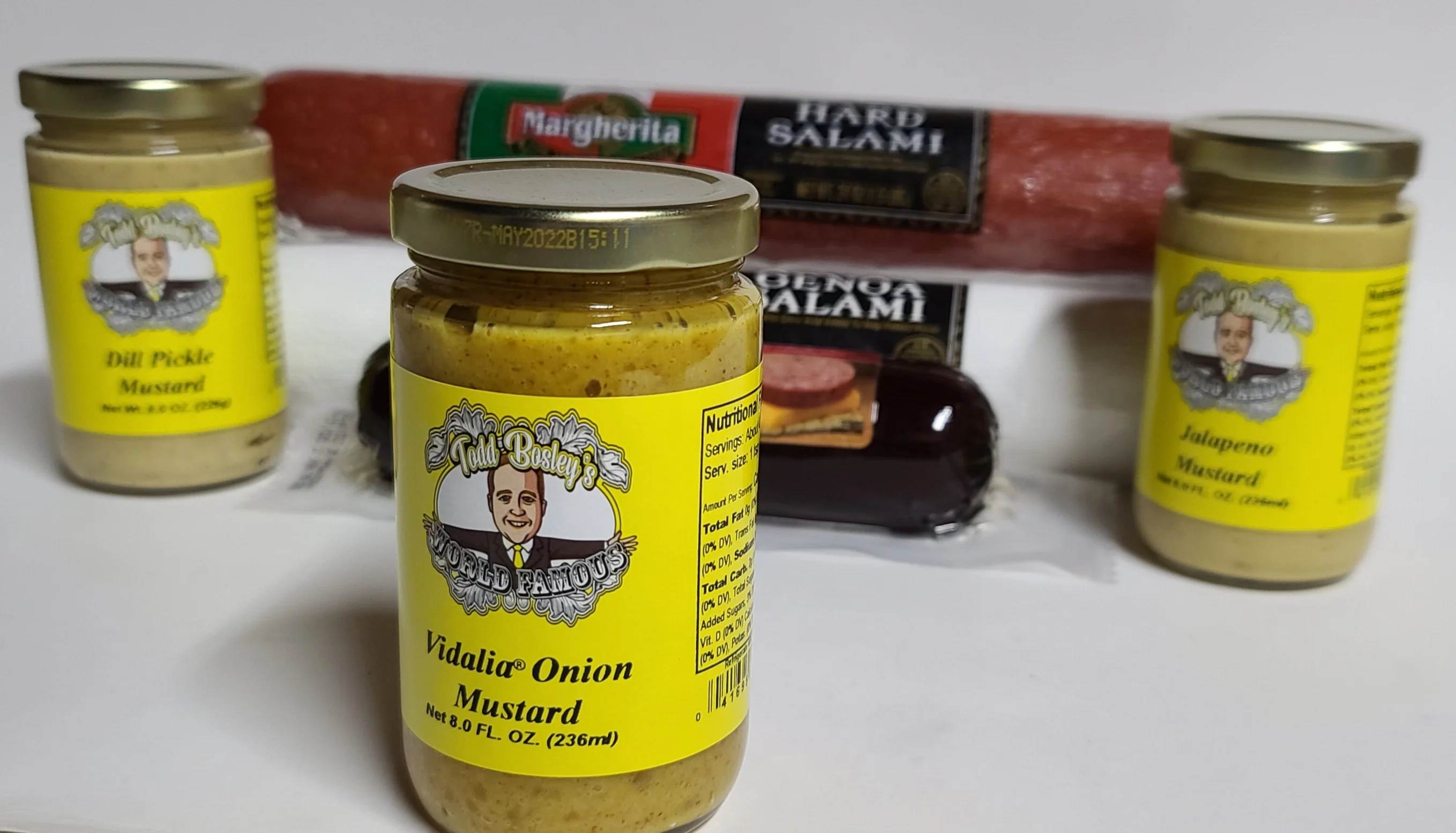 World Famous Summer Sausage/Salami Gift Set -10oz Armour Hickory Smoked Summer Sausage, 24oz Genoa Salami & 24oz Hard Salami with Todd Bosley's World Famous Vid. Onion, Jalapeno & Dill Pickle Mustard