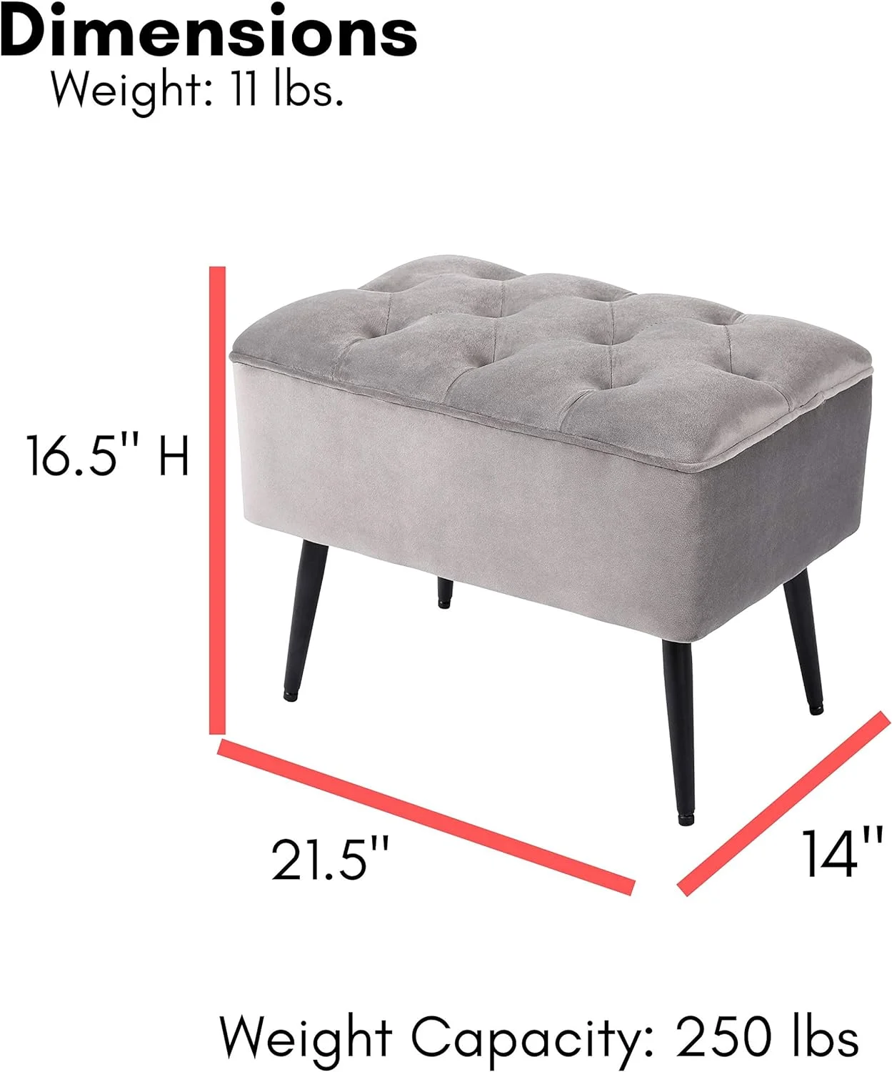 Tufted Rectangle Grey Ottoman – Velvet Foot Stool – Century Modern Steel Legs - Soft Compact Padded Stool - Living Room Or Bedroom – Vanity Chair - Decorative Furniture