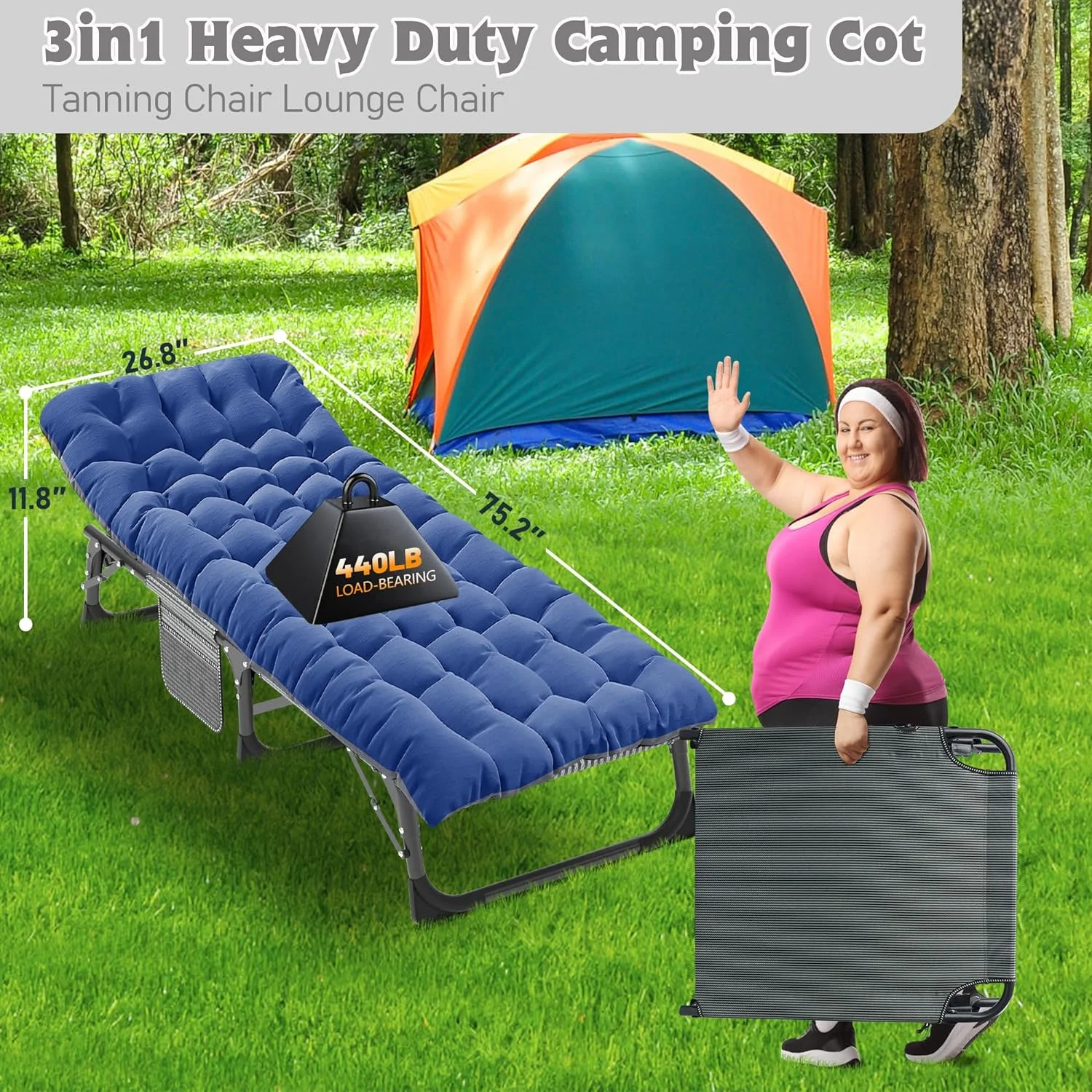 Folding Camping Cot W/Mat for Adults, Adjustable Heavy Duty Outdoor Bed,1200 D Layer Oxford Travel Camp Cots