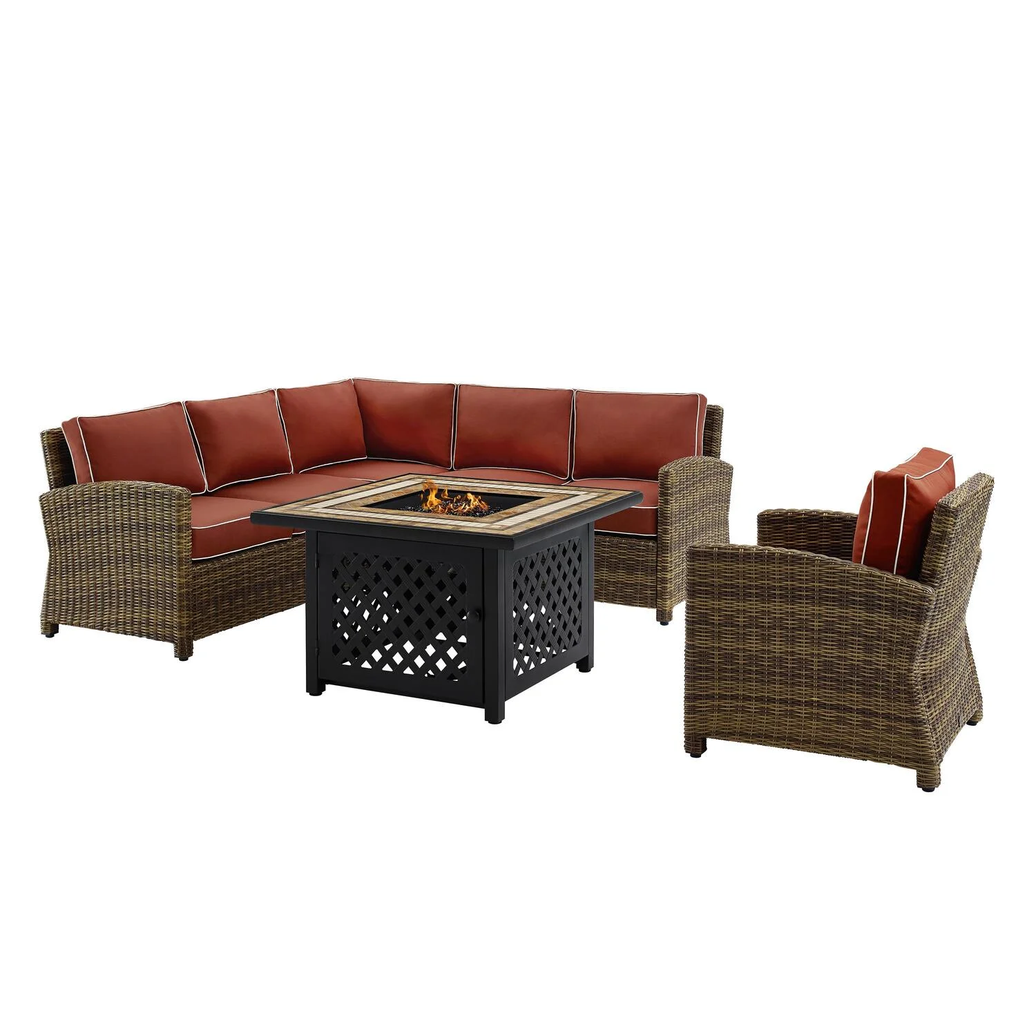 HomeStock Naturally Nice 5Pc Outdoor Wicker Sectional Set Sangria/Weathered Brown - Right Side Loveseat, Left Side Loveseat, Corner Chair, Arm Chair, & Sectional Glass Top Coffee Table