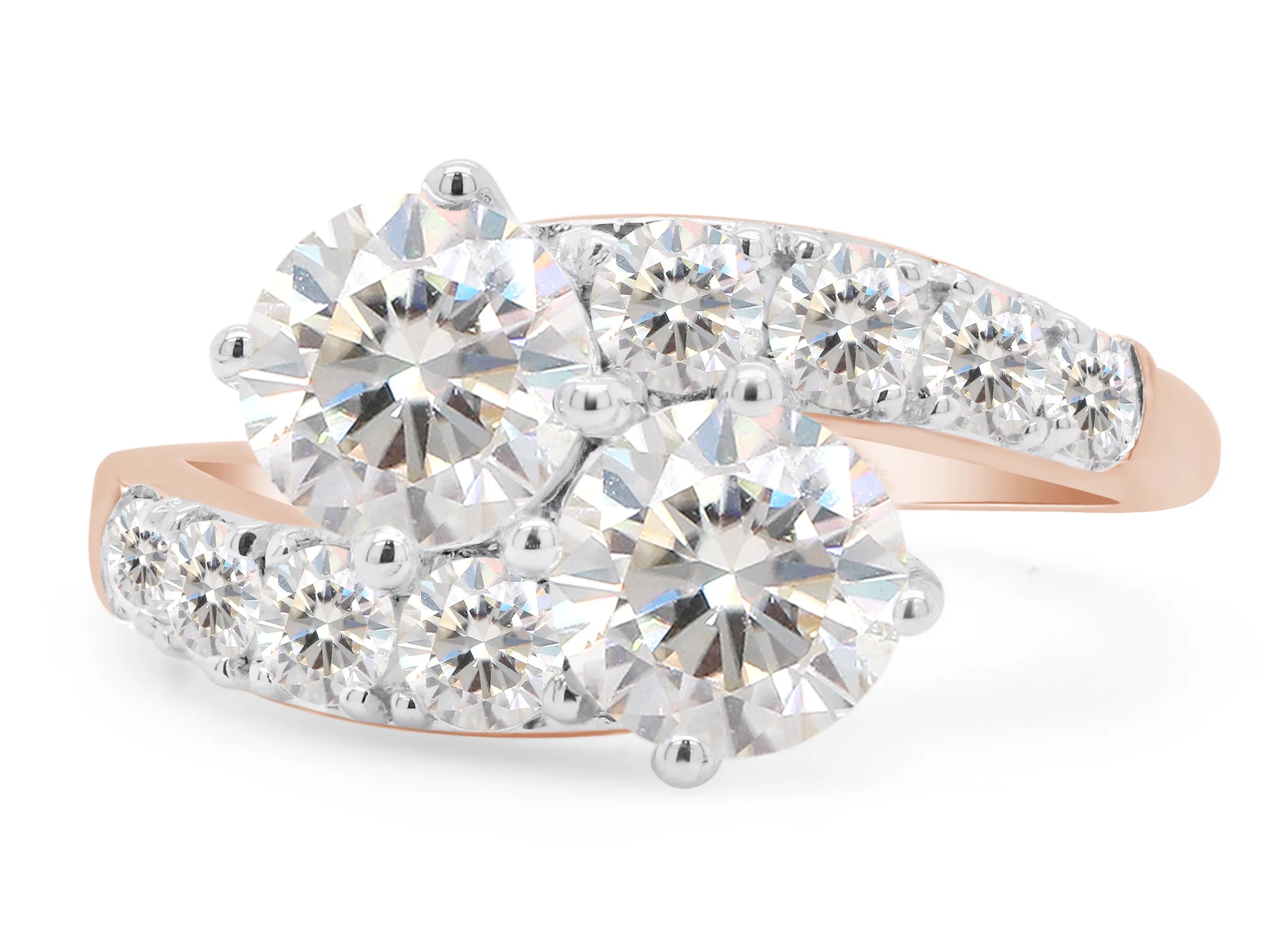 2 Carat Center 6MM Round Cut Lab Created Moissanite Diamond Two Stone Bypass Engagement Ring In 14K Solid Rose Gold Jewelry For Women (G-H Color, VVS1 Clarity, 2 Cttw)-8.5