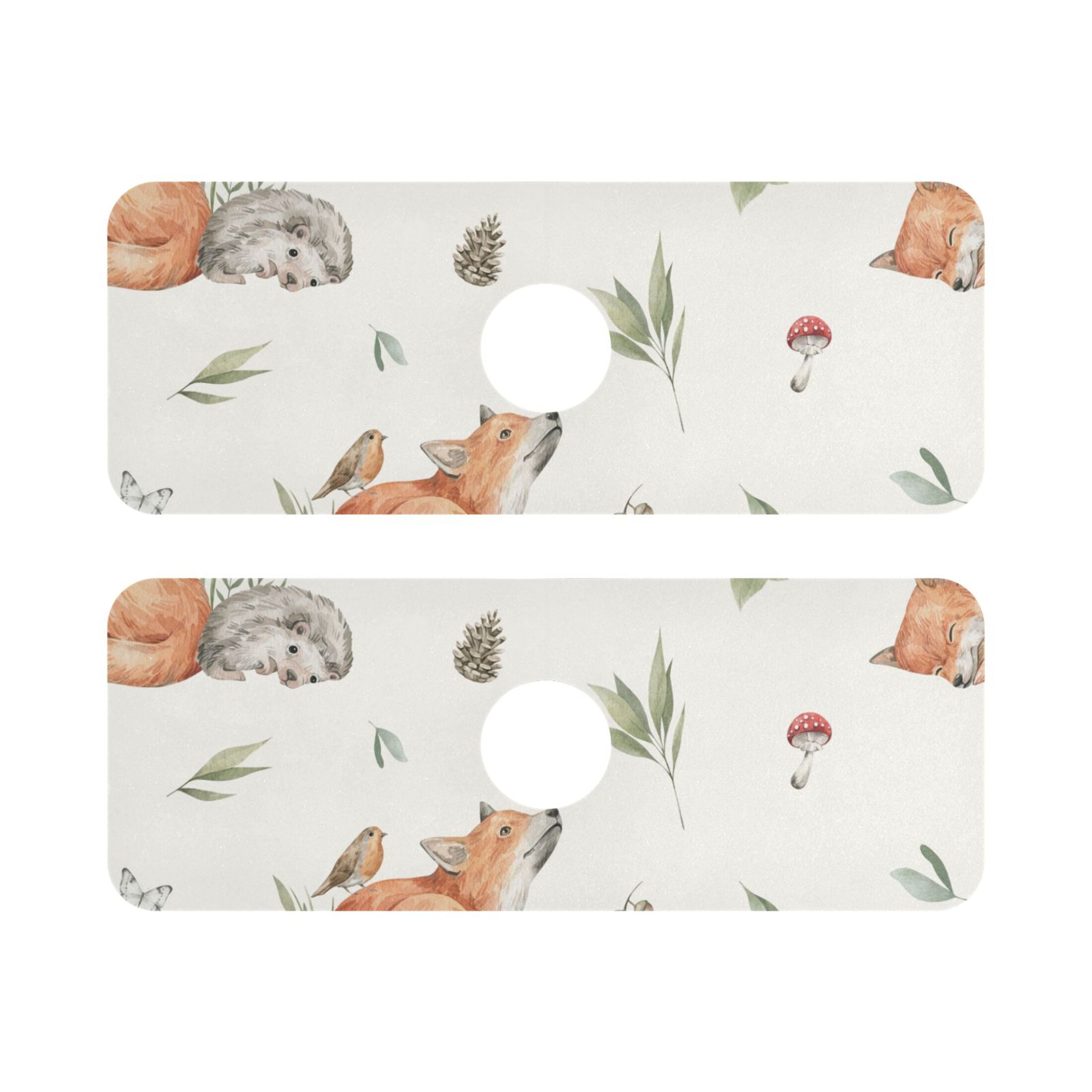 Fox and Flowers 2 PCs Sink Splash Guard Set Kitchen Faucet Drying Mat Absorbent Bathroom Water Catcher Draining Mats Decorative 30x5.4in