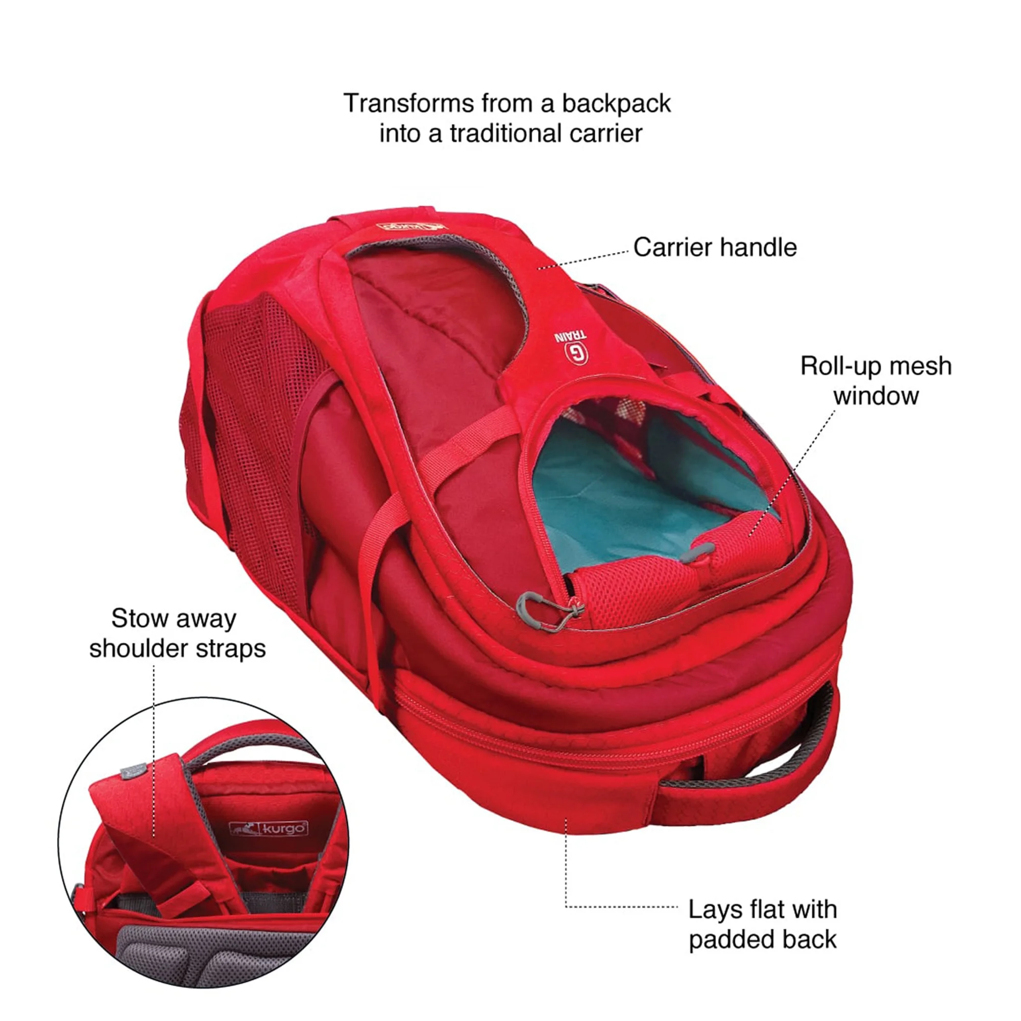 Kurgo G-Train - Dog Carrier Backpack for Small Pets - Cat & Dog Backpack for Hiking, Camping or Travel - Chest Straps & Hip Belt - Reflective - Two Water Bottle Sleeves - Waterproof Bottom (Chili Red)