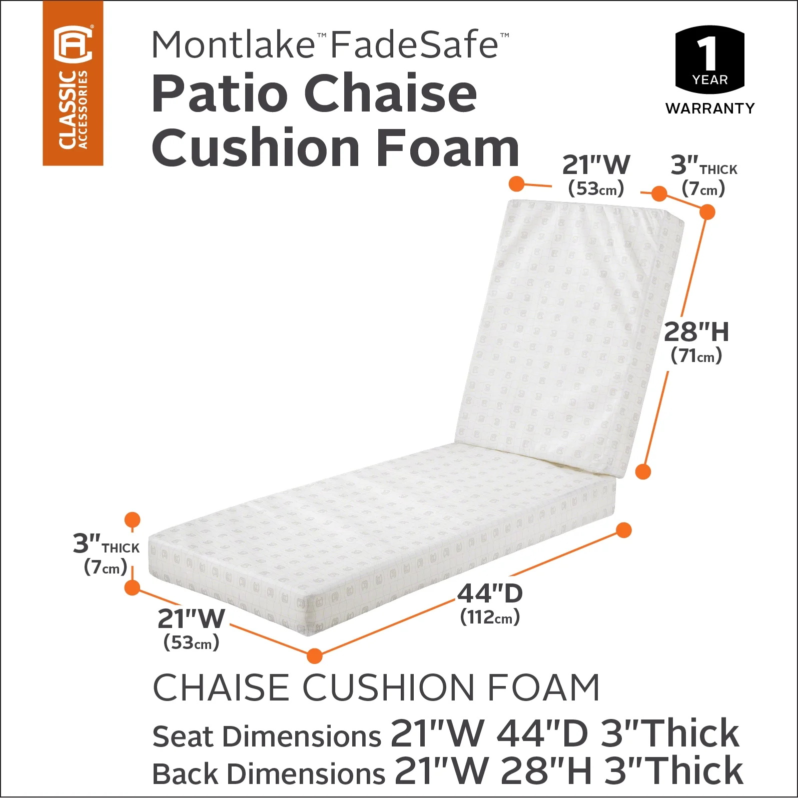 Classic Accessories Patio Chaise Lounge Cushion Foam - 3