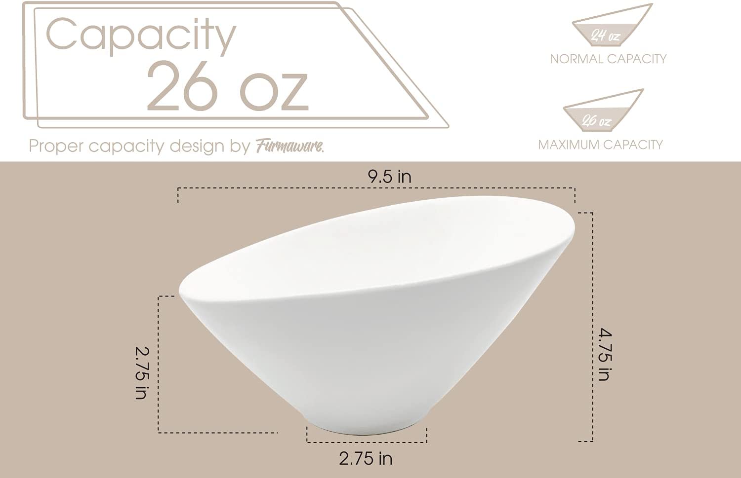 Furmaware Set of 2 Porcelain Angled Serving Bowls. Large Size Is Perfect for Salad, Soup, Pasta, Rice, Fruit Platters. Contemporary Bistro Design, Chip Resistant Dishwasher Safe - White 26oz Size Bowl